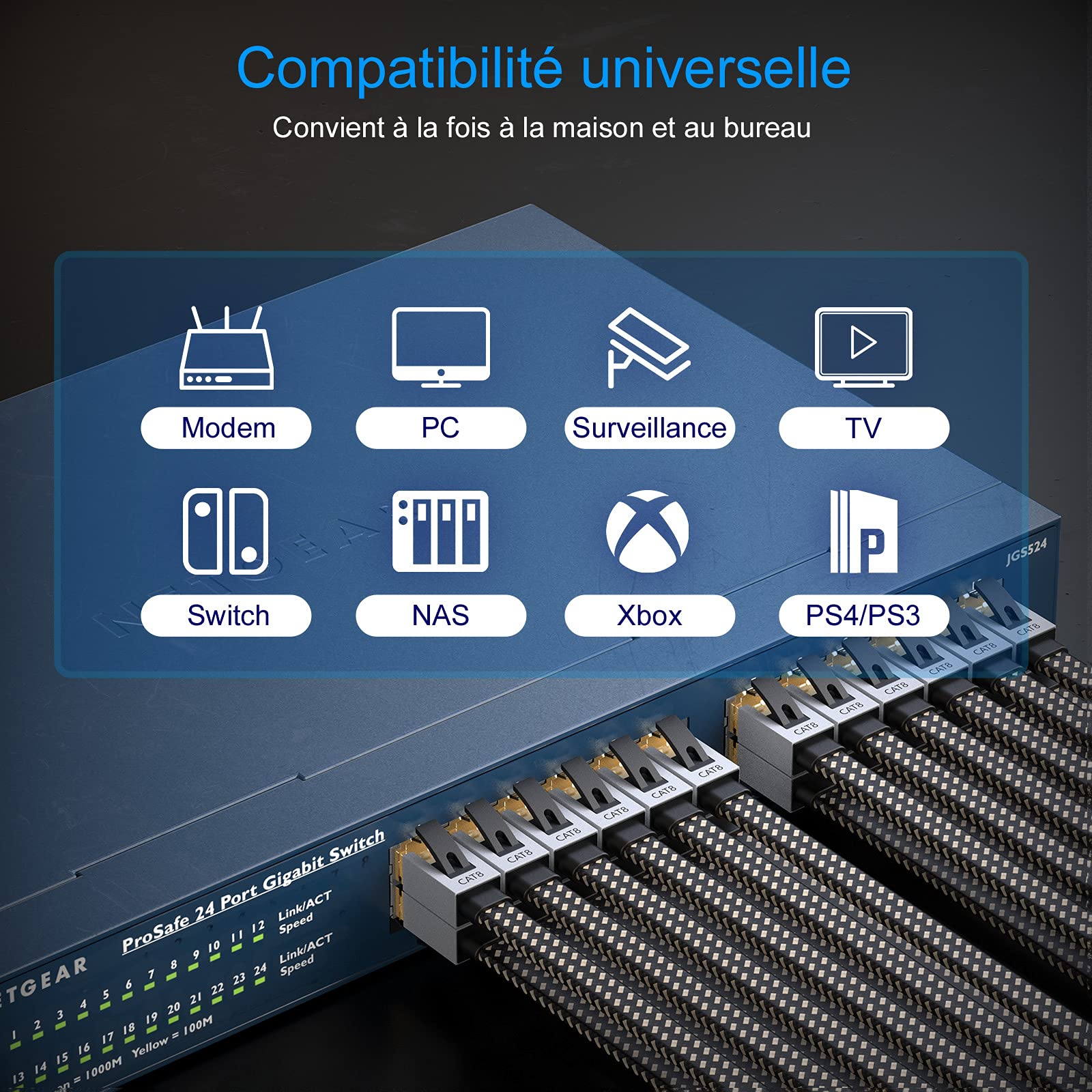 Folishine Câble Ethernet Cat8 30M, cordon de raccordement LAN tressé en nylon haute vitesse, câble plat blindé RJ45 40Gbps 2000Mhz, pour modem/routeur/commutateur, plus rapide que Cat5e/Cat6/Cat7