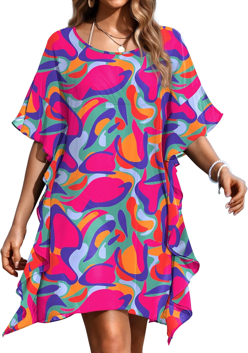 Ekouaer Women's Swimsuit Coverup Chiffon Floral Bathing Suit Cover Up Ruffled Summer Beachwear Bikini Coverups S-3XL