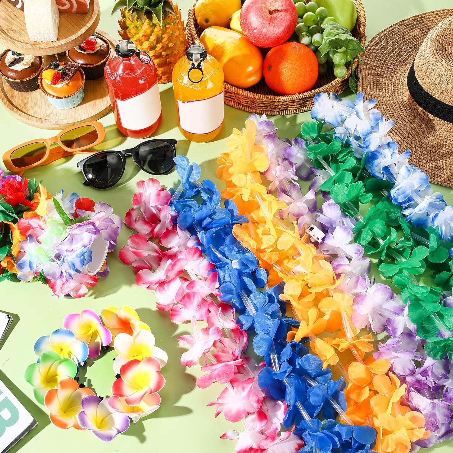 Sherr 240 Pcs Hawaiian LED Luau Leis Party Decorations Supplies Set 60 Light Up Tropical Leis Flowers Necklaces 120 Bracelets 60 Hair Clips Bulk Masquerade Wedding Summer Beach Carnival Party Favors