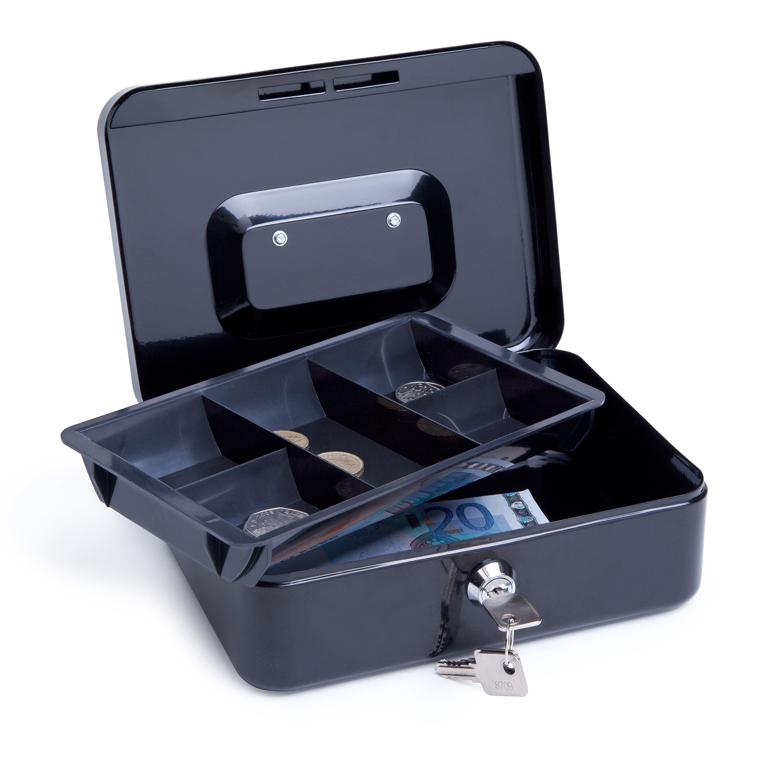 Rapesco SB0008B1 Caja de Caudales Portátil Pequeña, Ancho 20 cm, 3 llaves y Bandeja Portamonedas Extraíble, Negro