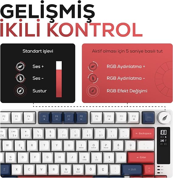 Hawk Gaming HK255 Membrane LCD RGB Kablosuz/Bluetooth%75 Türkçe Gaming Klavye (Mavi Kırmızı)