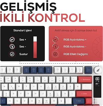 Hawk Gaming HK255 Membrane LCD RGB Kablosuz/Bluetooth%75 Türkçe Gaming Klavye (Mavi Kırmızı)