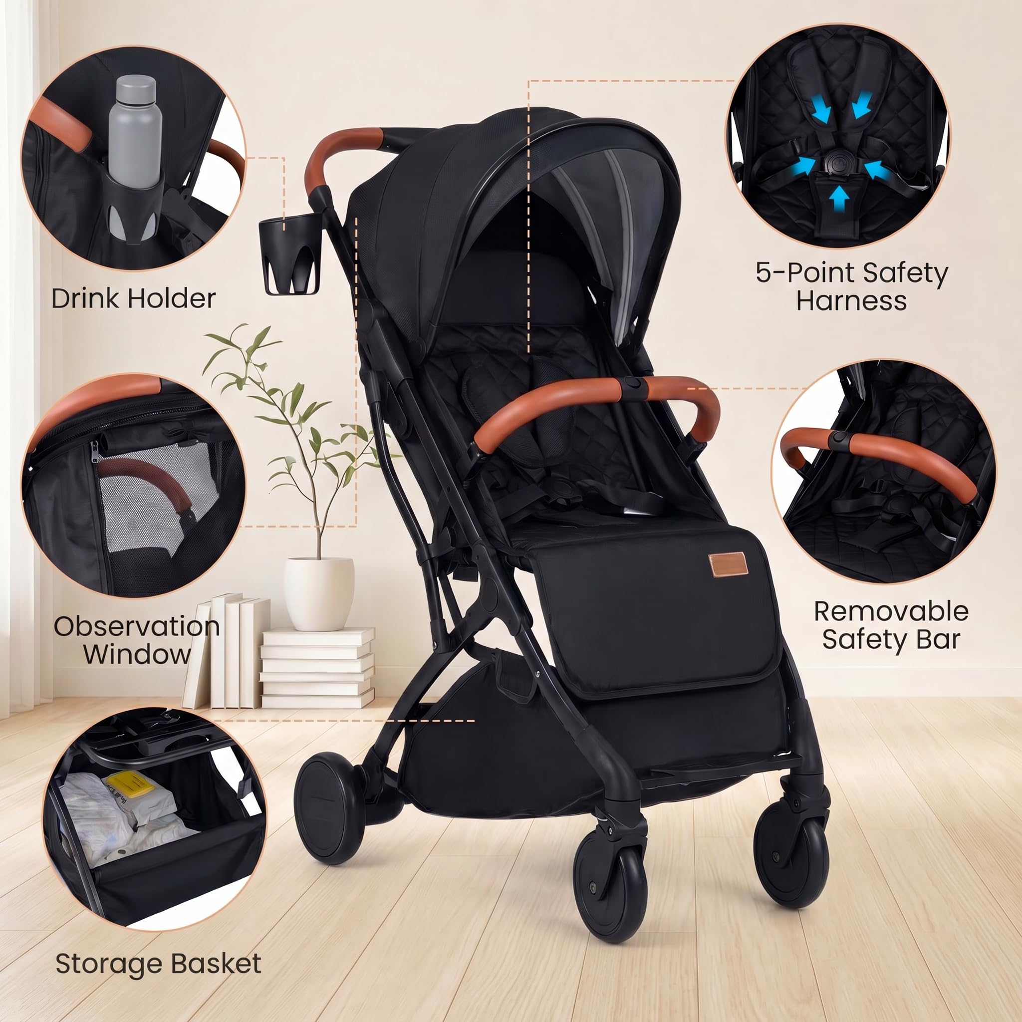 GIANTEX Passeggino Leggero per Bambini e Neonati, Passeggino Pieghevole e Portatile con Ruote, Schienale Regolabile, Tettuccio, Cintura di Sicurezza, Cesto e Copertura Antipioggia (Nero)