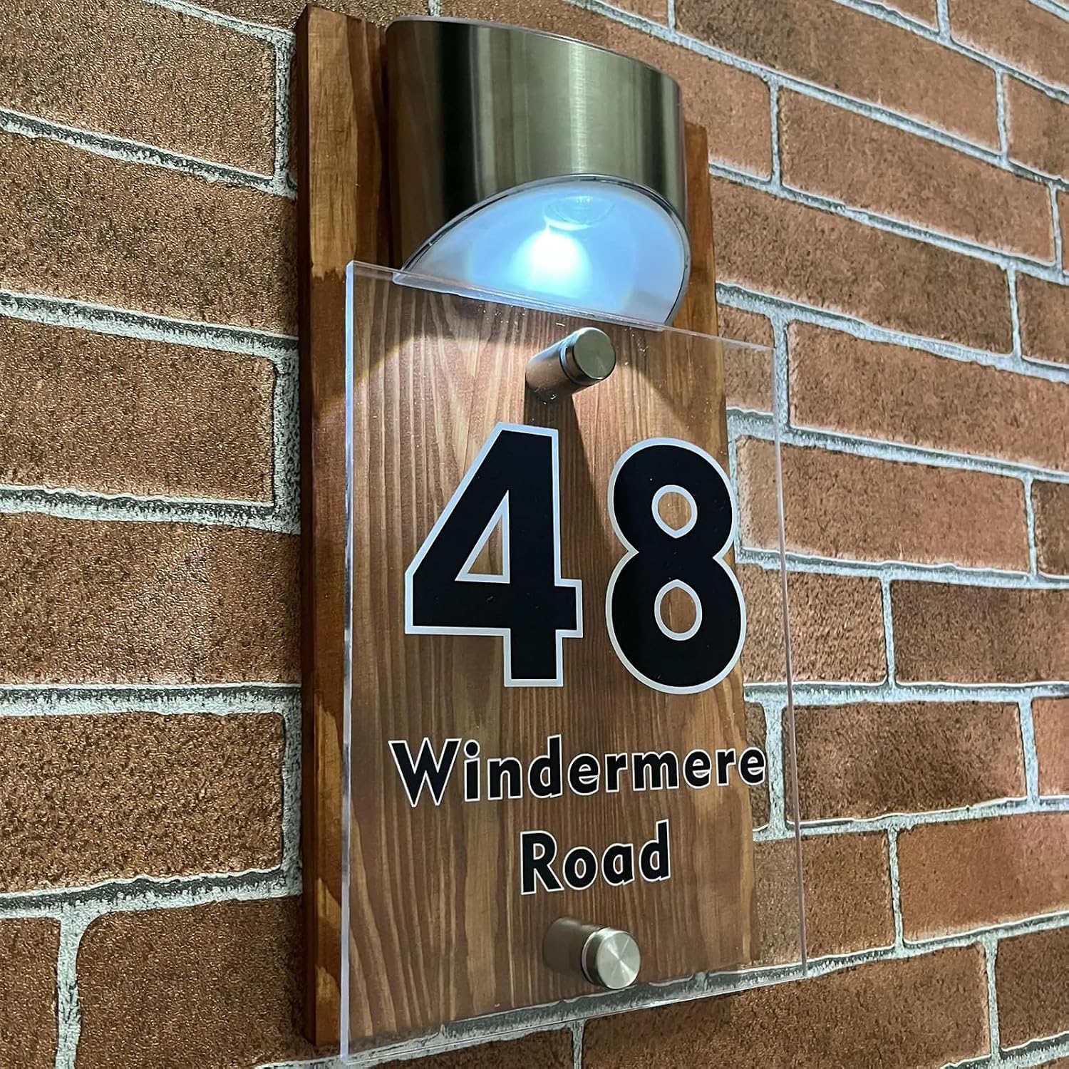 Customized Outdoor House Sign Solar LED Light Modern Residential Villa Sign Wooden Acrylic Address Plaque Street Name Door Plate (Dark wood color)