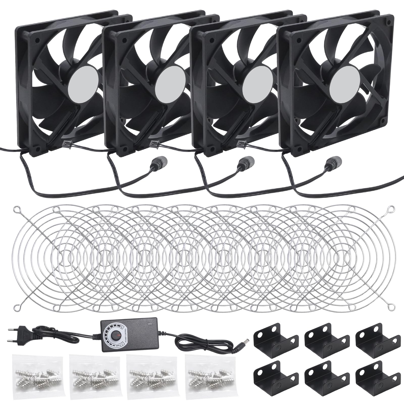 Hoypeyfiy Ventola per alloggiamento di grandi dimensioni, 4 x 120 mm, velocità regolabile, per alimentatore da 12 V CC o 100-240 V AC, versatile per raffreddamento PC e rack server