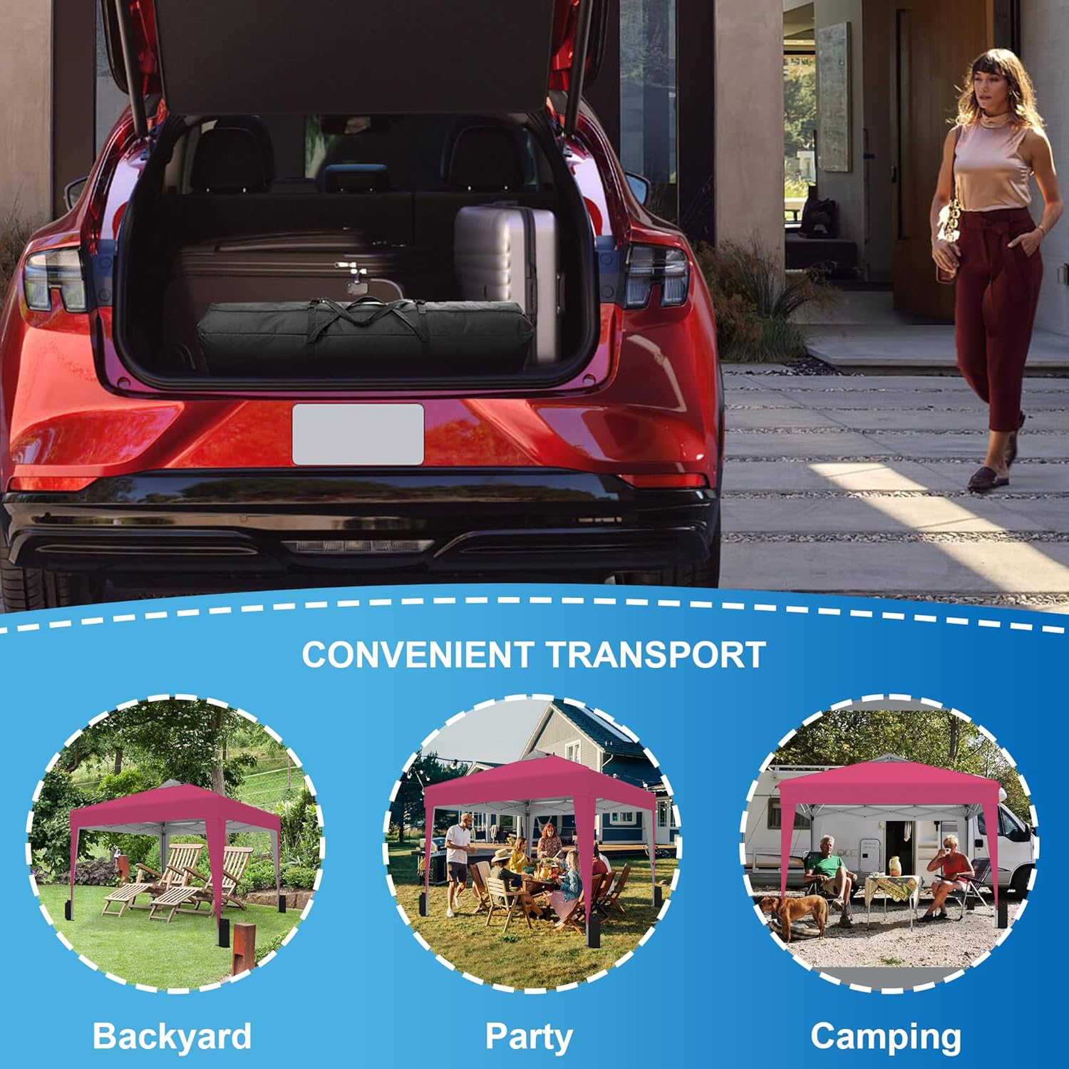 SANWAY 10x10 Pop Up Canopy Tent, One-Button Instant Setup, Easy Outdoor Sun Shade for Events, Gazebo with Silver Coated Top for Camping, Parties, Beach Tent- Pink