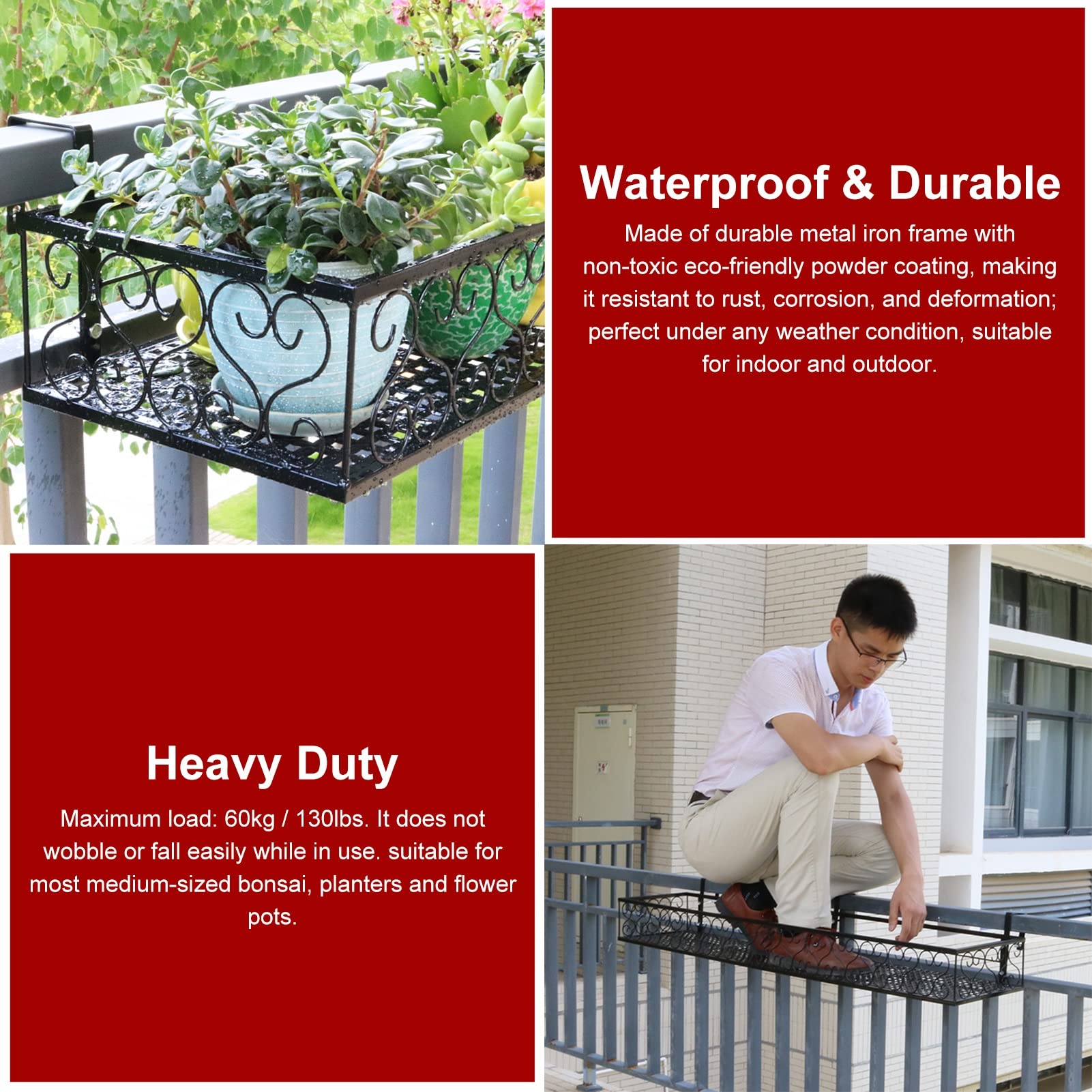 Support de Plantes Suspendu pour Balcon en Métal Noir, Étagère de Balustrade pour Pots de Fleurs, Résistant à la Rouille, pour Terrasse et Jardin