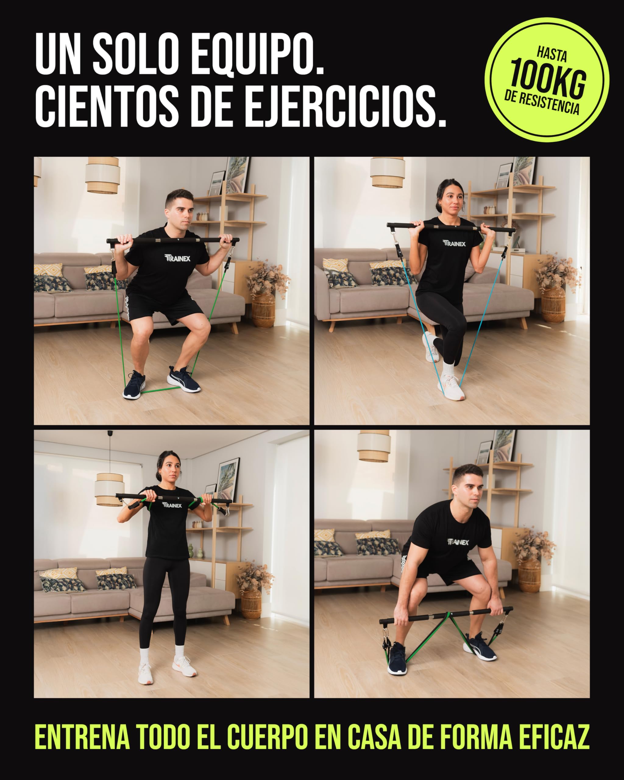 Bandas Elásticas de Musculación con Barra | Gomas de Resistencia hasta 100 kg | Kit de Entrenamiento en Casa Completo | TRAINEX