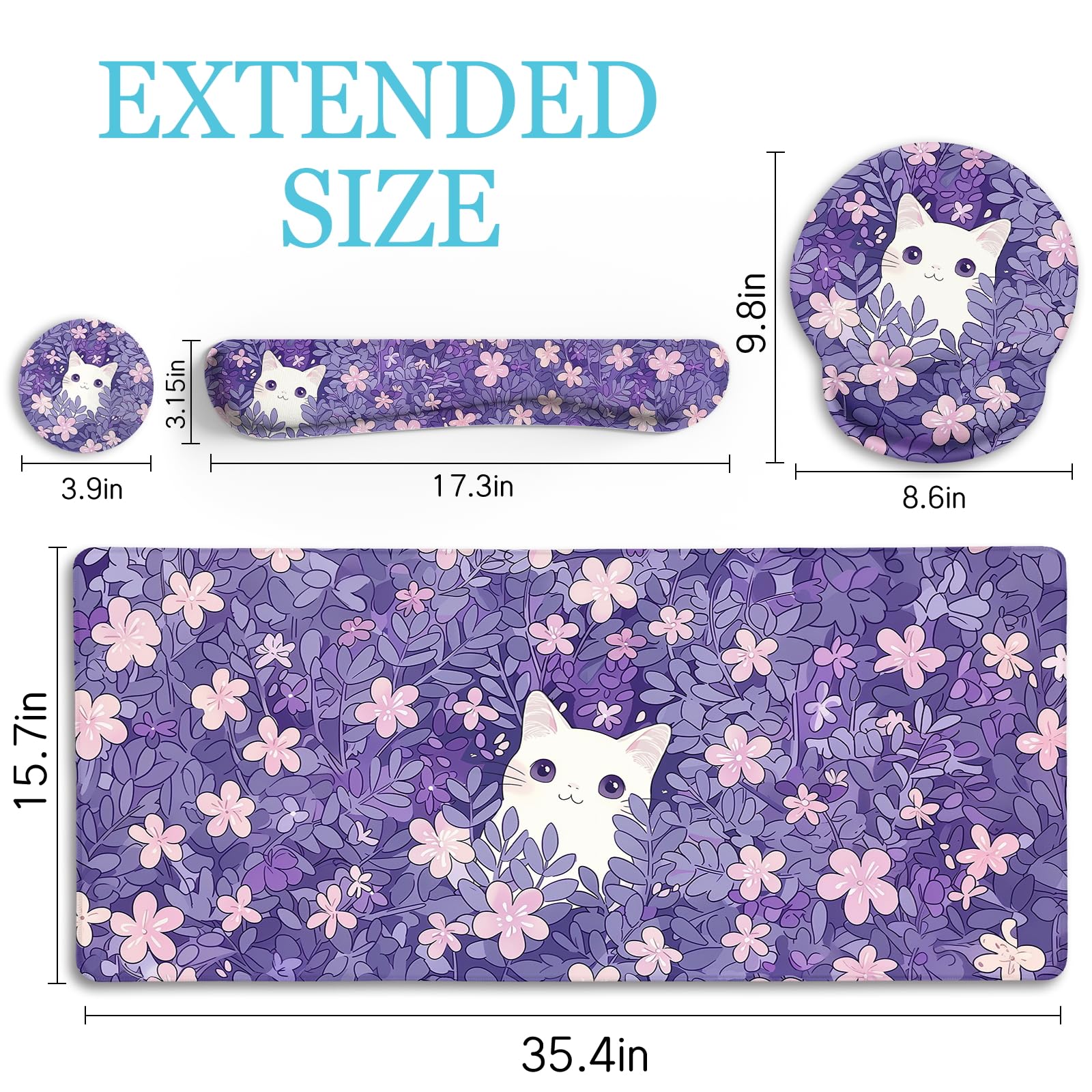 LIMKRIAN Set di tappetino per mouse viola, grande tappetino per mouse con gatto kawaii con poggiapolsi per tastiera supporto per polso XXL tappetino per mouse set sottobicchiere per tazze, carino