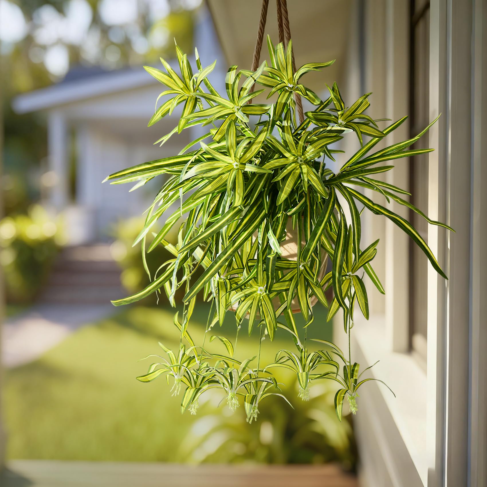 2 Pcs Artificial Spider Hanging Plant Artificial Bracketplant Chlorophytum Fake Greenery for Outdoor Porch Patio Window Shelf Office