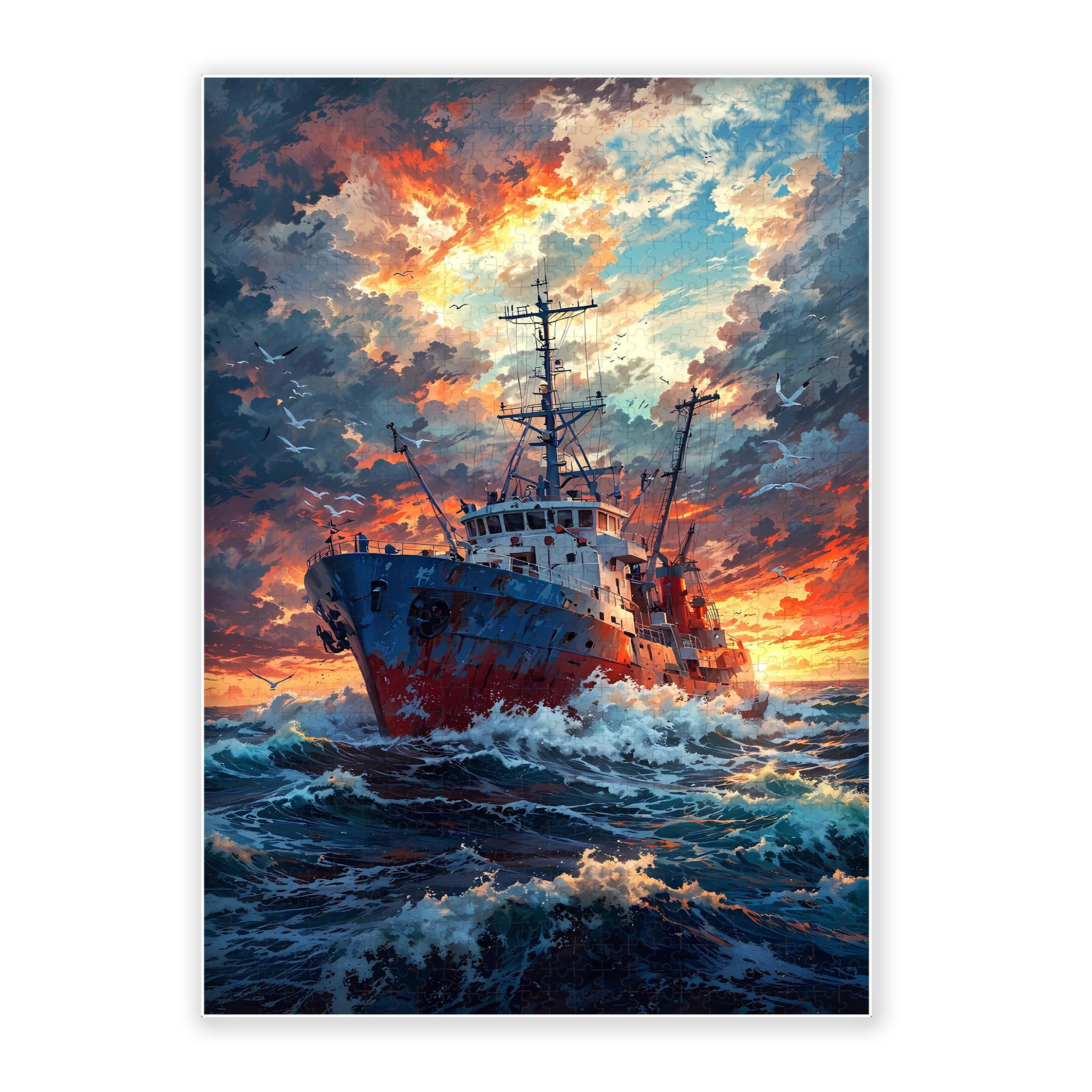1000-Piece Eco Wooden Adult Jigsaw Puzzle, Vintage Fishing Vessel Cutting Rough Ocean Waves Dramatic Fiery Sunset Seagull Ocean Oil Painting Wall Decor for Maritime Fishermen Hobbyists, 29.5x19.7in