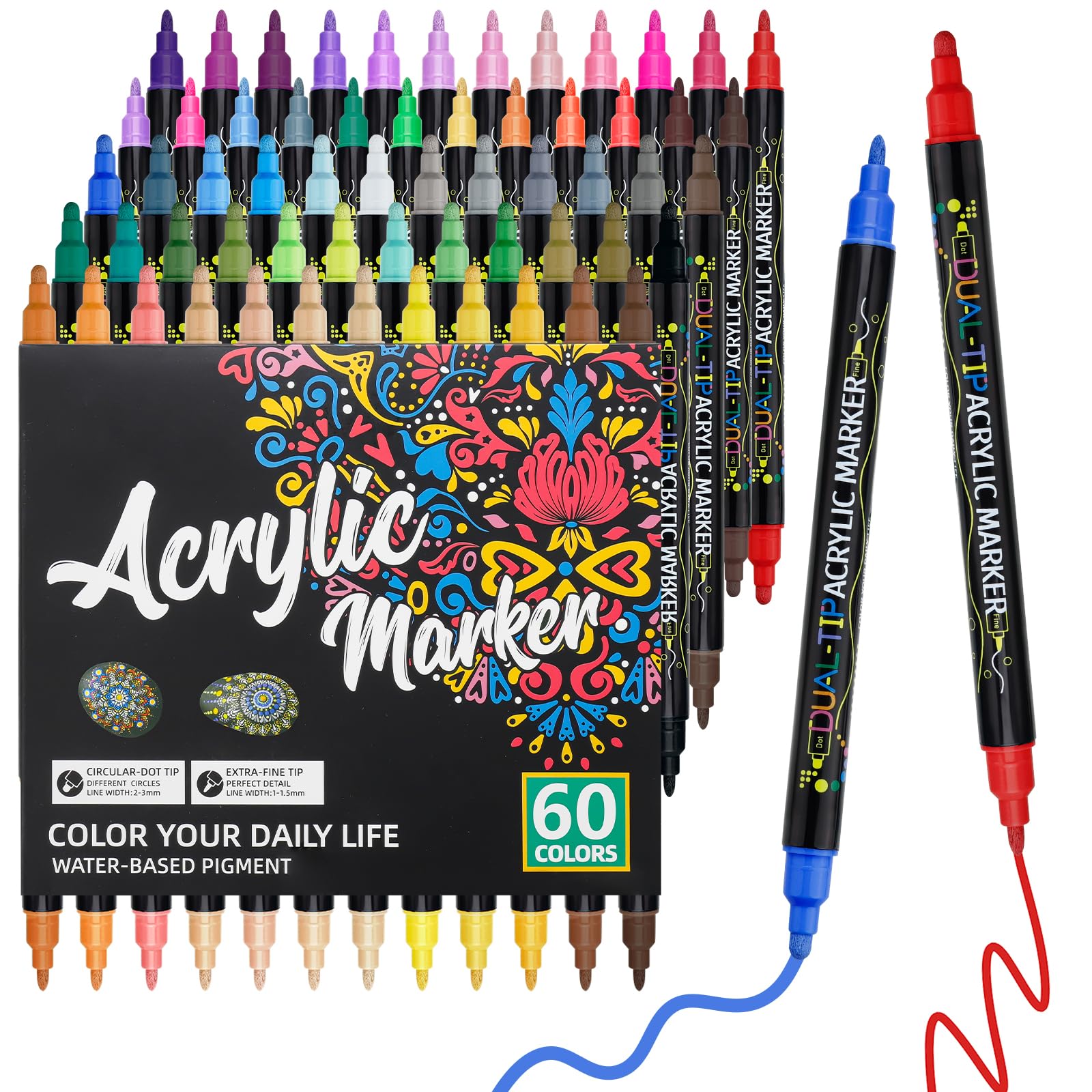 60 Colors Dual Tip Acrylic Paint Pens Fine Tip Dot Tip Acrylic Paint Markers Water-Based Permanent Paint Pens