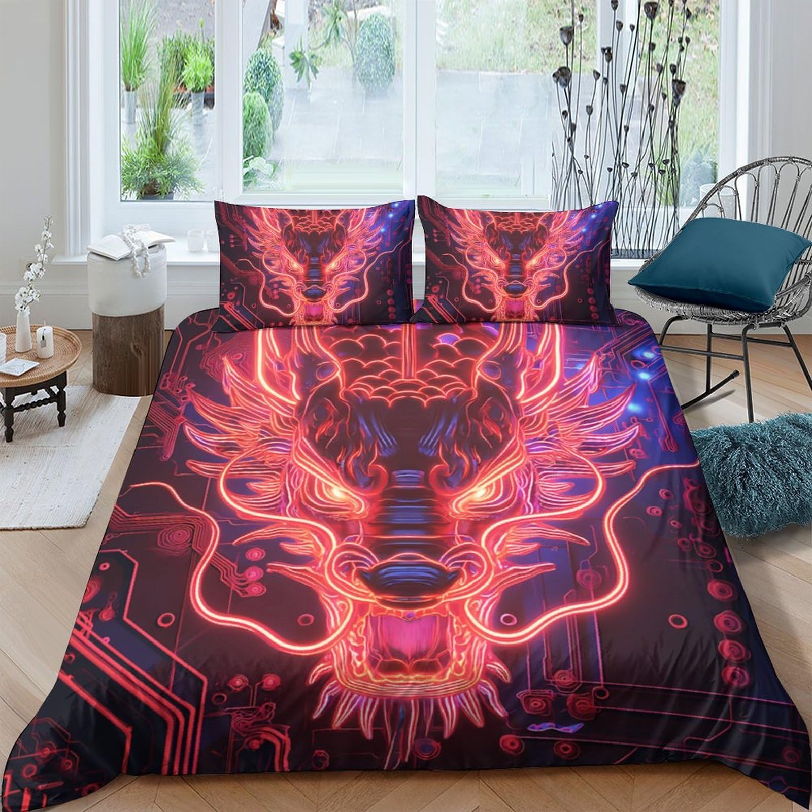 Ctjqhvkz Style-3 3D Printed Neon Dragon Fitted Sheet Microfiber Anti-Slip Mattress Cover For Bedroom Dorm Modern Art Decor Easy Care Single（135X200cm）