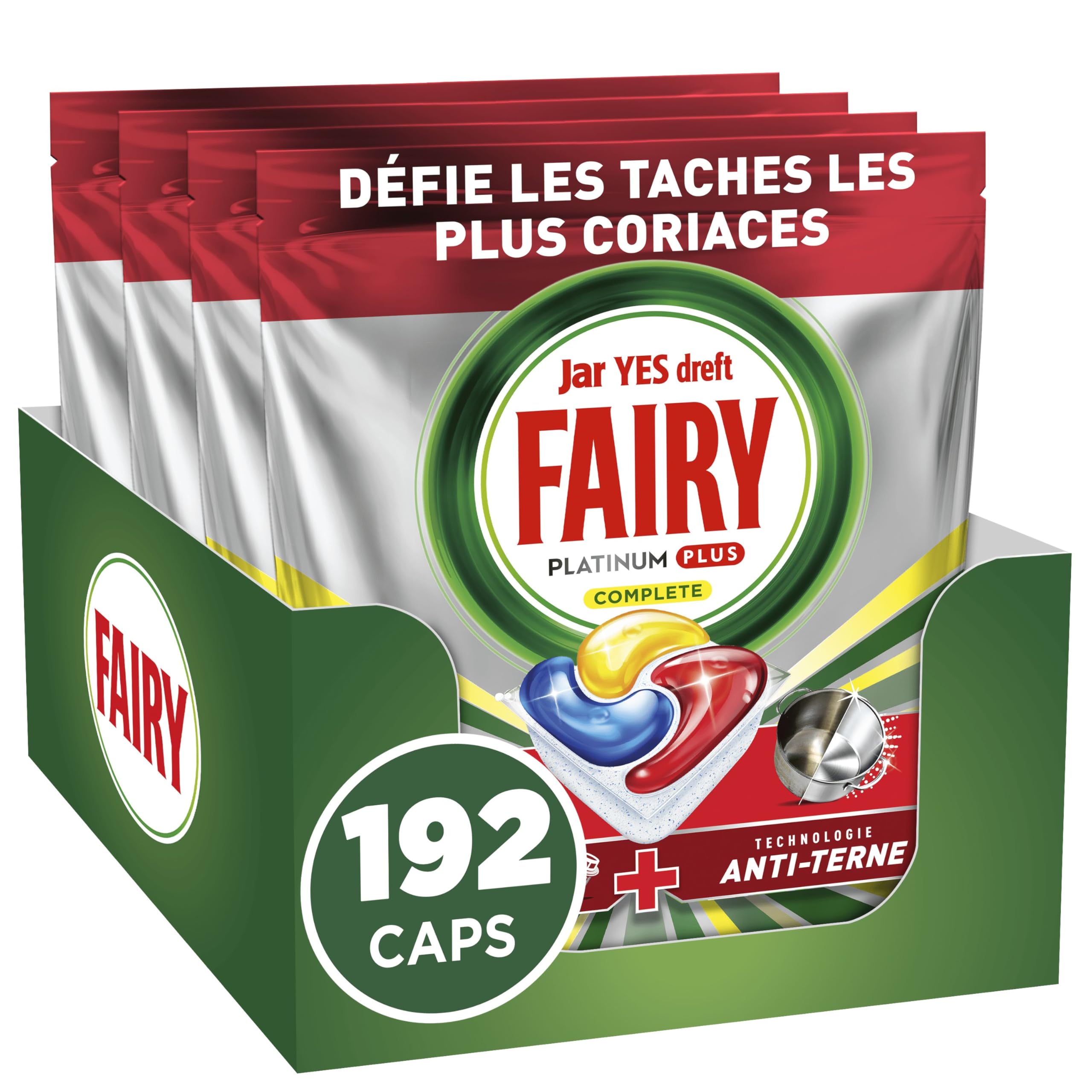 Fairy Platinum Plus Tablettes Lave-Vaisselle, 192 Tablettes (48x4), Parfum Citron, Technologie Anti-Terne, Redonne l'Éclat, Prévient le Calcaire, Système Pré-Lavage Intégré, Efficace en Cycle Court