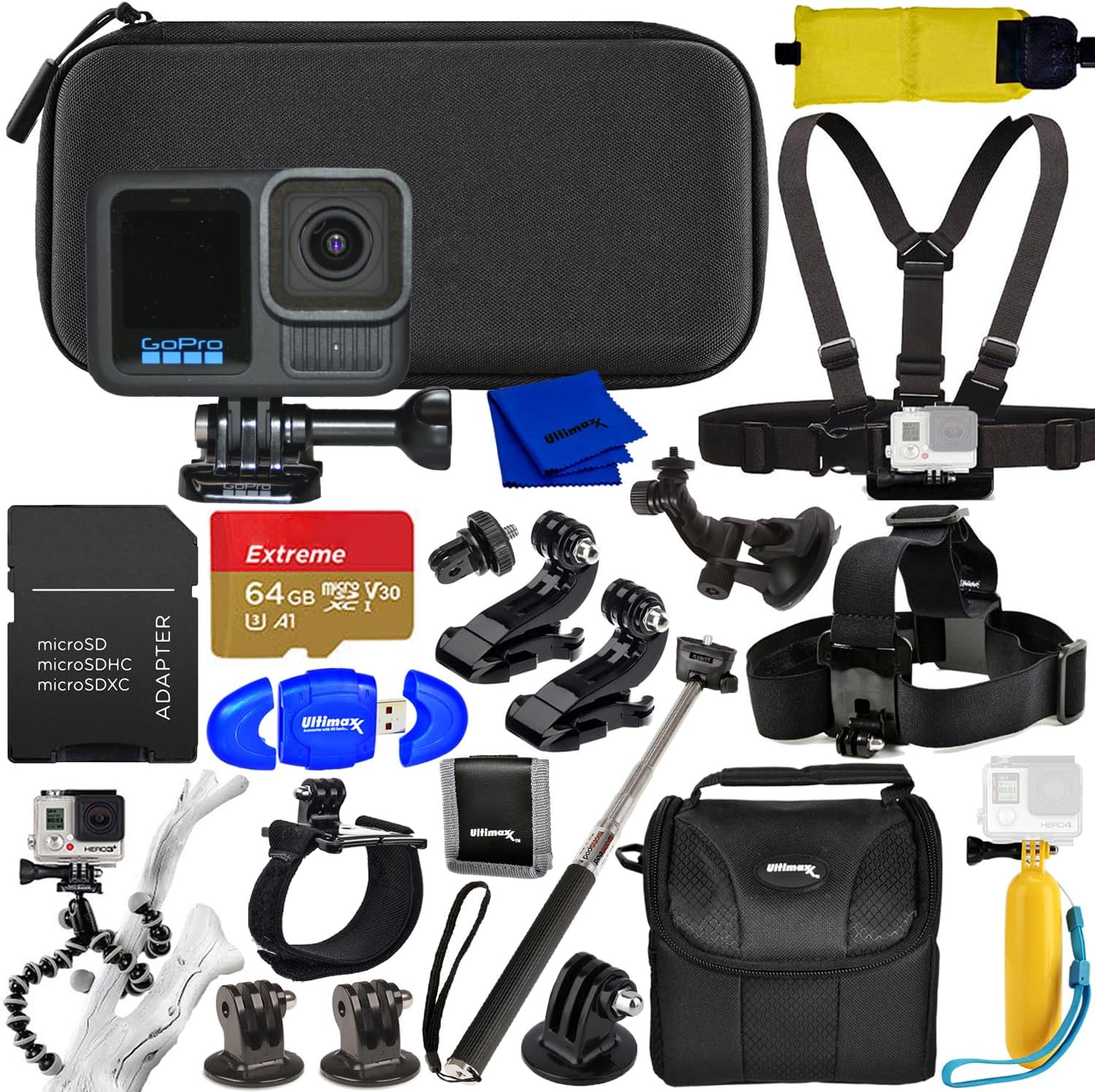 Ultimaxx GoPro HERO13 Black Action Camera Specialty Bundle - 18PC Accessory Bundle Includes: 64GB MicroSD, LED Light, Carry Case, Head and Chest Strap, Monopod, Tripod, Arm Mount for Helmet and More