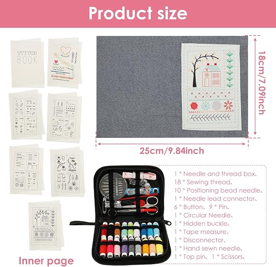 Embroidery Stitch Book for Beginners and Adults, DIY Sewing Book with Needle Thread Tool, Compact Portable for Home Travel Use, Craft Kit for Needlepoint Cross Stitch Patterns Hand Embroidery Learning