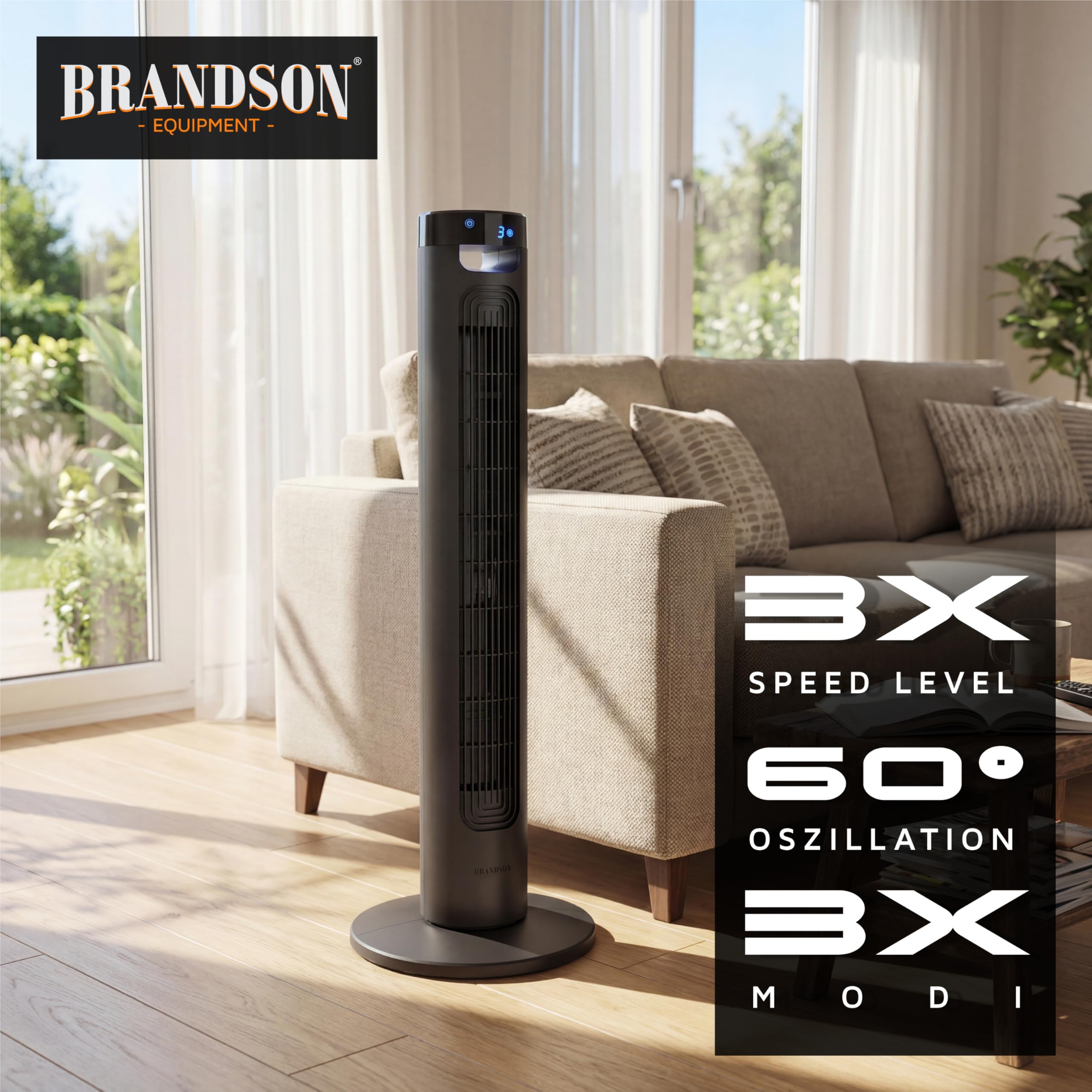 Brandson - Turmventilator mit Fernbedienung - Sieger Ventilatoren und Luftkühler 2026 - sehr leise - LED Display – 3 Geschwindigkeitsstufen 3 Modi – Oszillation - Standventilator Ventilator Kühlung
