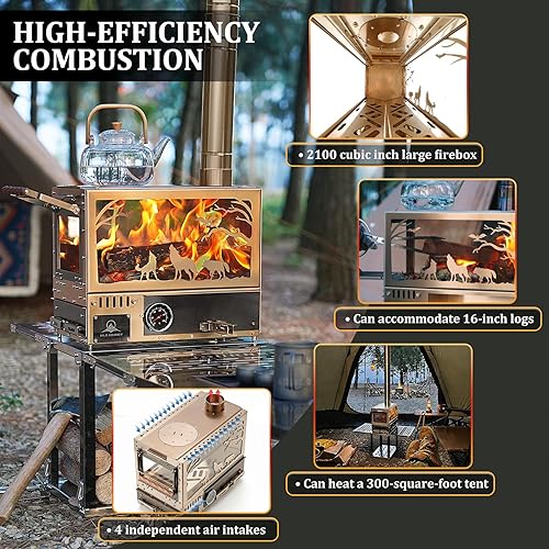 Miniatura 8 de Estufa de leña, estufa de leña, estufa de tienda de campaña caliente, estufa de campamento portátil de acero inoxidable con horno y base y 6 tubos
