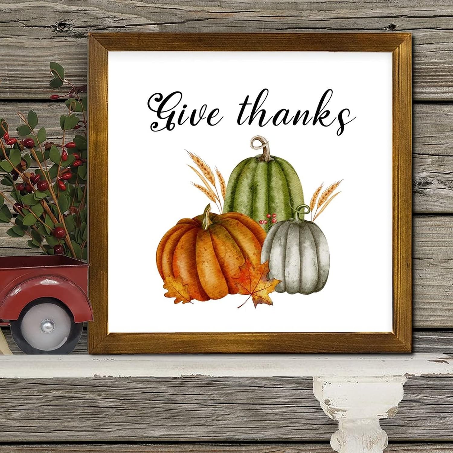 Give Thanks Framed Wooden Signs Fall Pumpkin Maple Leaves Wooden Plaque Vintage Farm Harvest Wood Decor Farmhouse Wall Hanging Plaque for Home Restroom Bathroom Toilet Kitchen 12x12 inch