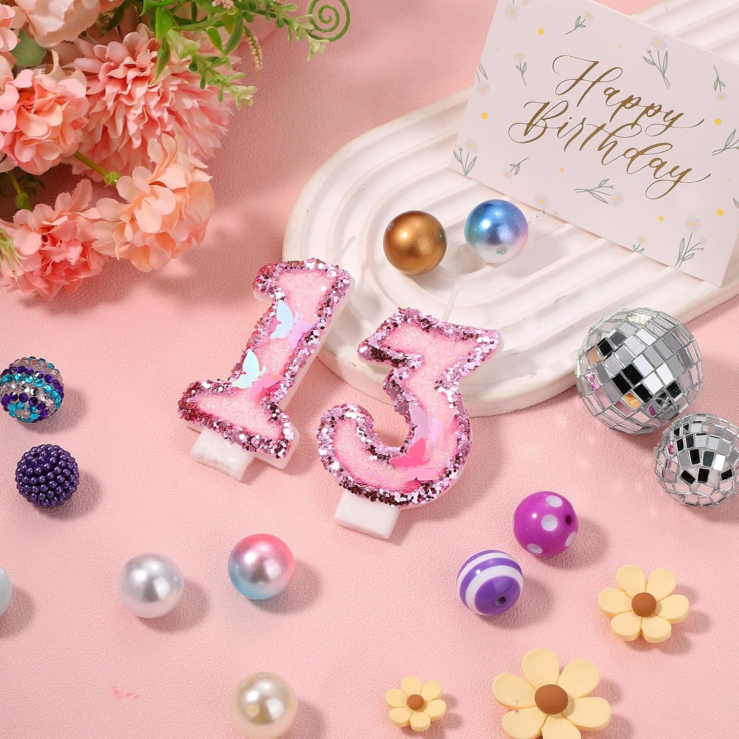 Girl Birthday Number 13 Candle, 2.95in Glitter Butterfly Pink Sequin Candle