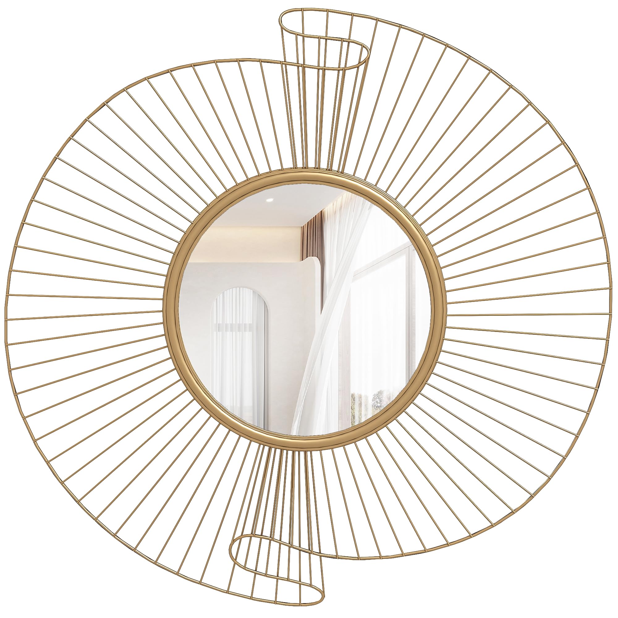 HOMCOM Decorazione Murale Specchio da Parete Rotondo, Specchiera Moderna con Strisce in Metallo e Design Plissettato, Wall Art per Soggiorno, Camera e Ingresso, 60x60 cm, Oro