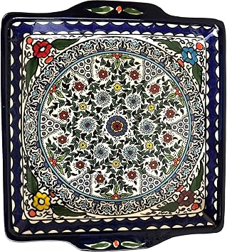 Holy Land Market Armenian Ceramic Holy Land Flowers square Bread/Matzah Seder Plate - 9.5 Inches - Asfour Outlet Trademark