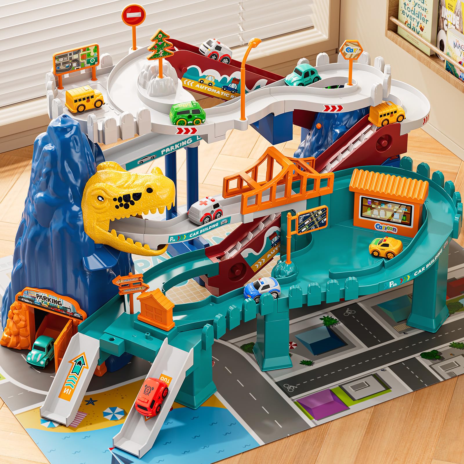 NIPLOOOW Dinosaur Race Track Playset for Boys Kids 3-5, Dinosaur Climbing Hills Car Track Play Set with 10 Mini Racer Cars, Kids Car Ramp Track Toys for 3 4 5 6 7 8 Year Old Boys Girls