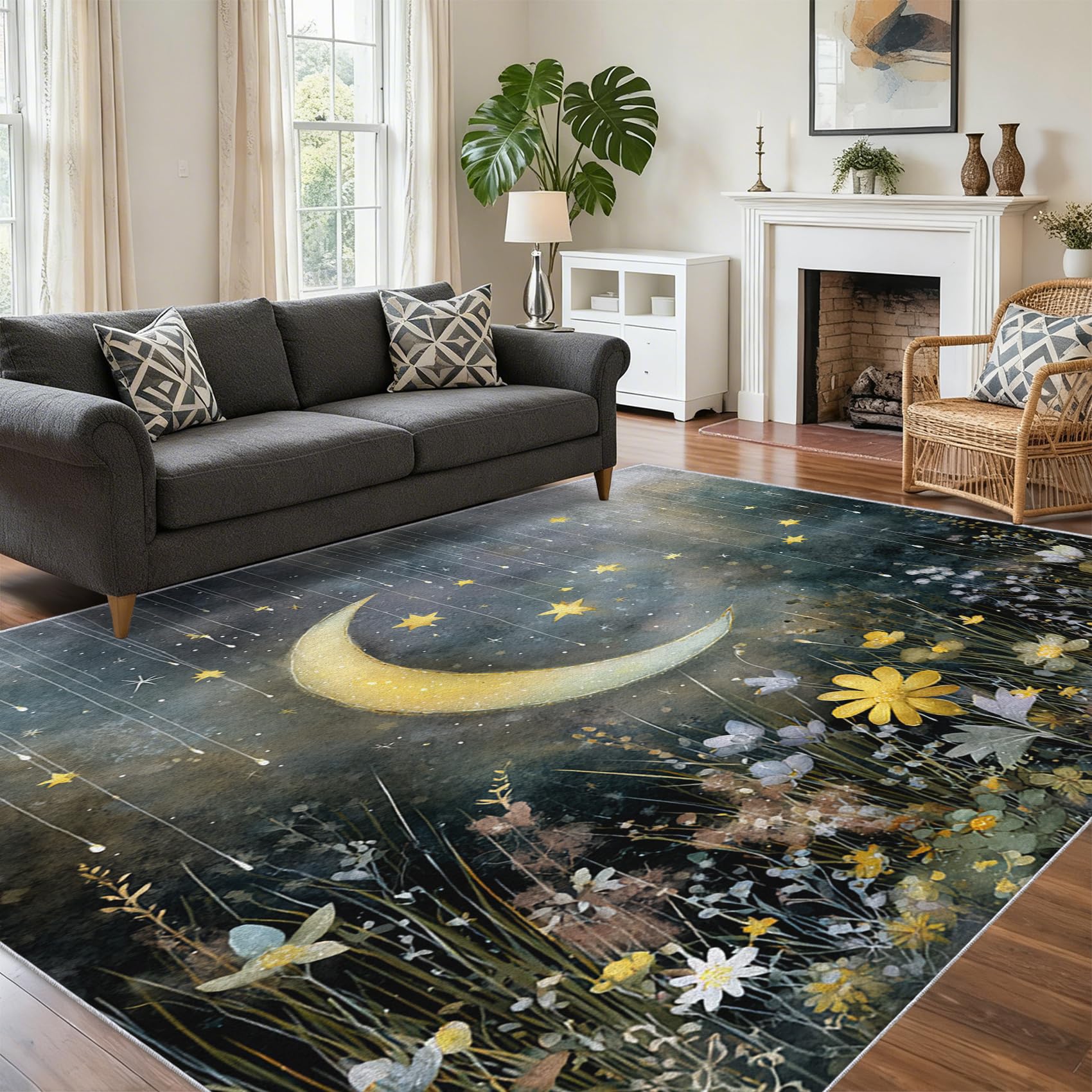 Tapis croissant de lune floral 180x200 grand format pour salon et chambre