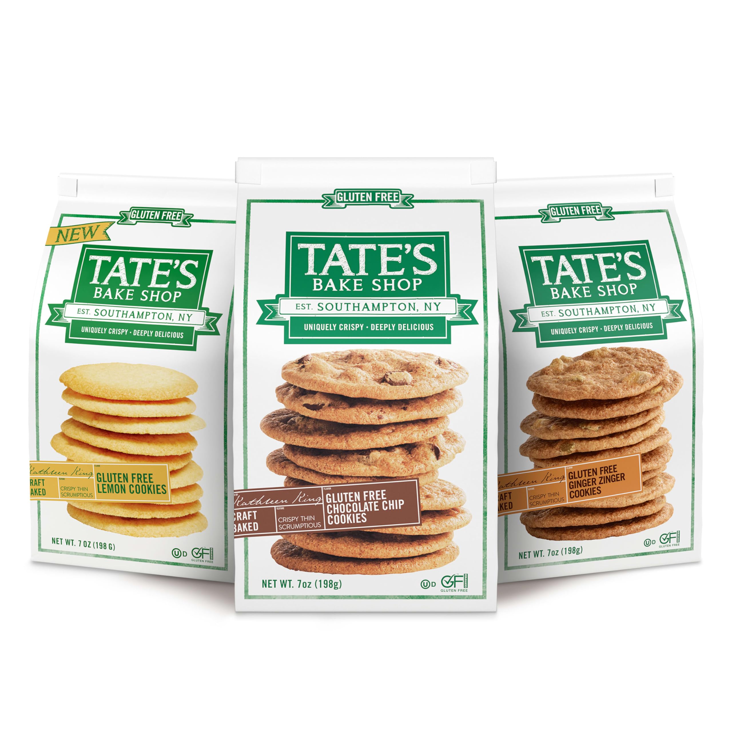Tate's Bake Shop Gluten Free Cookies Variety Pack, Lemon, Ginger Zinger and Chocolate Chip Cookies, 3-7 oz Bags