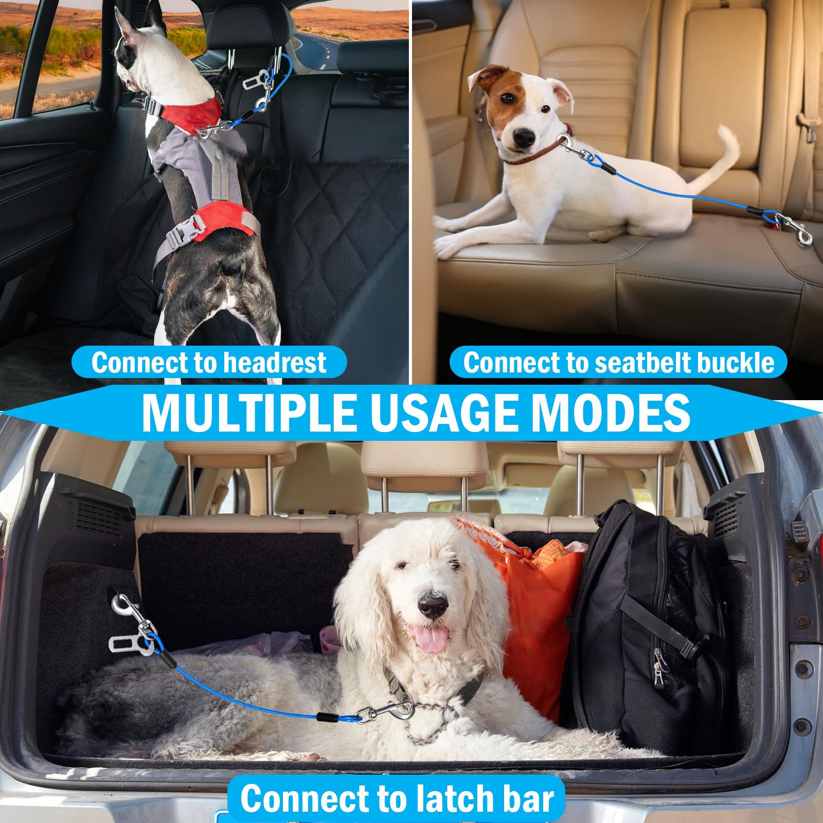 HaiYUAN Dog Car Safety Harness,24 Inch/60 cm Double Clips Seatbelt Dog Leash，No Chew seat Belts for Dogs（2 Pack Blue） - image 7