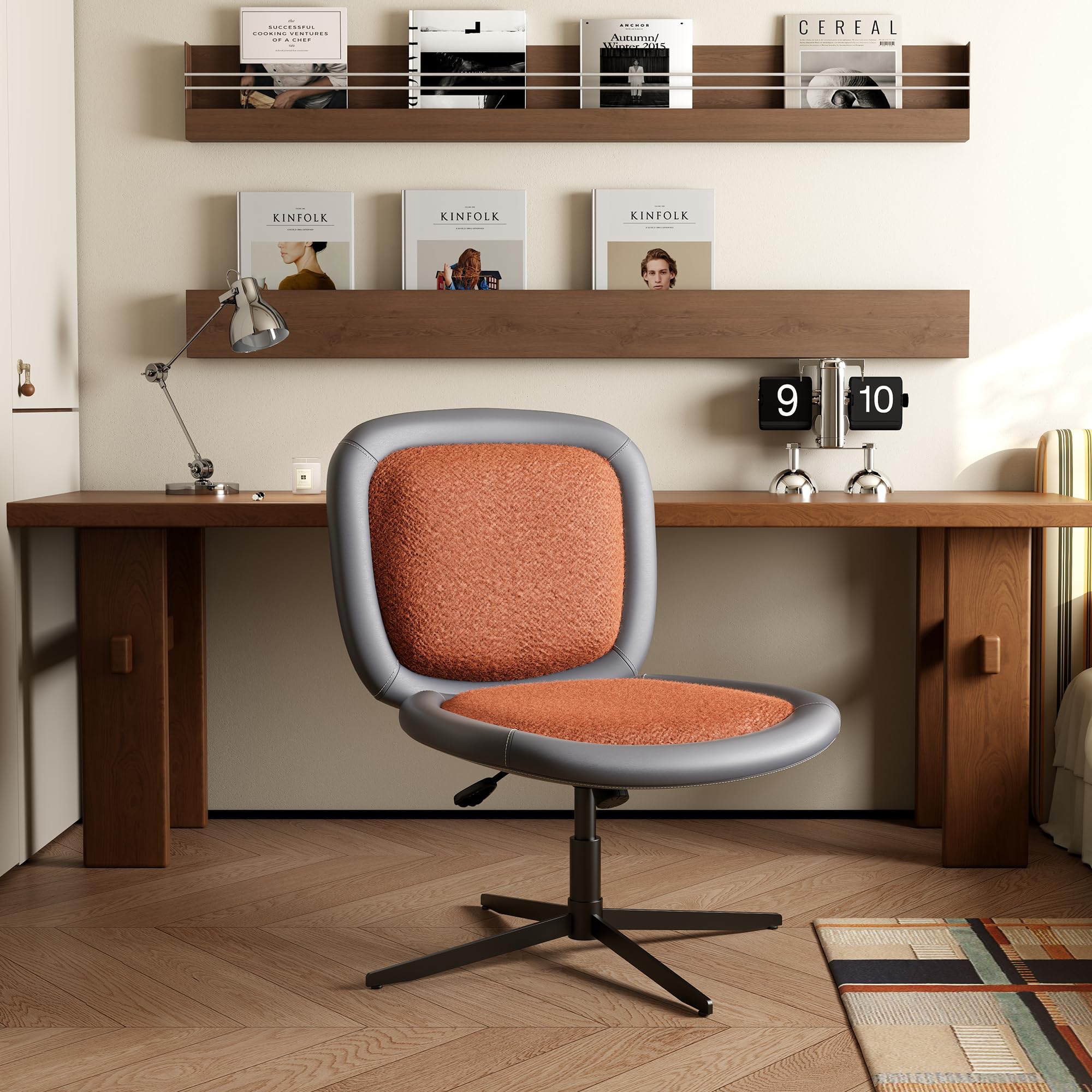 zavxzren Nordic Armless Ergonomic Office Chair with Wheels, Diamond Tufted PU Leather Computer Chair, Adjustable Height Desk Chair with Solid Wood