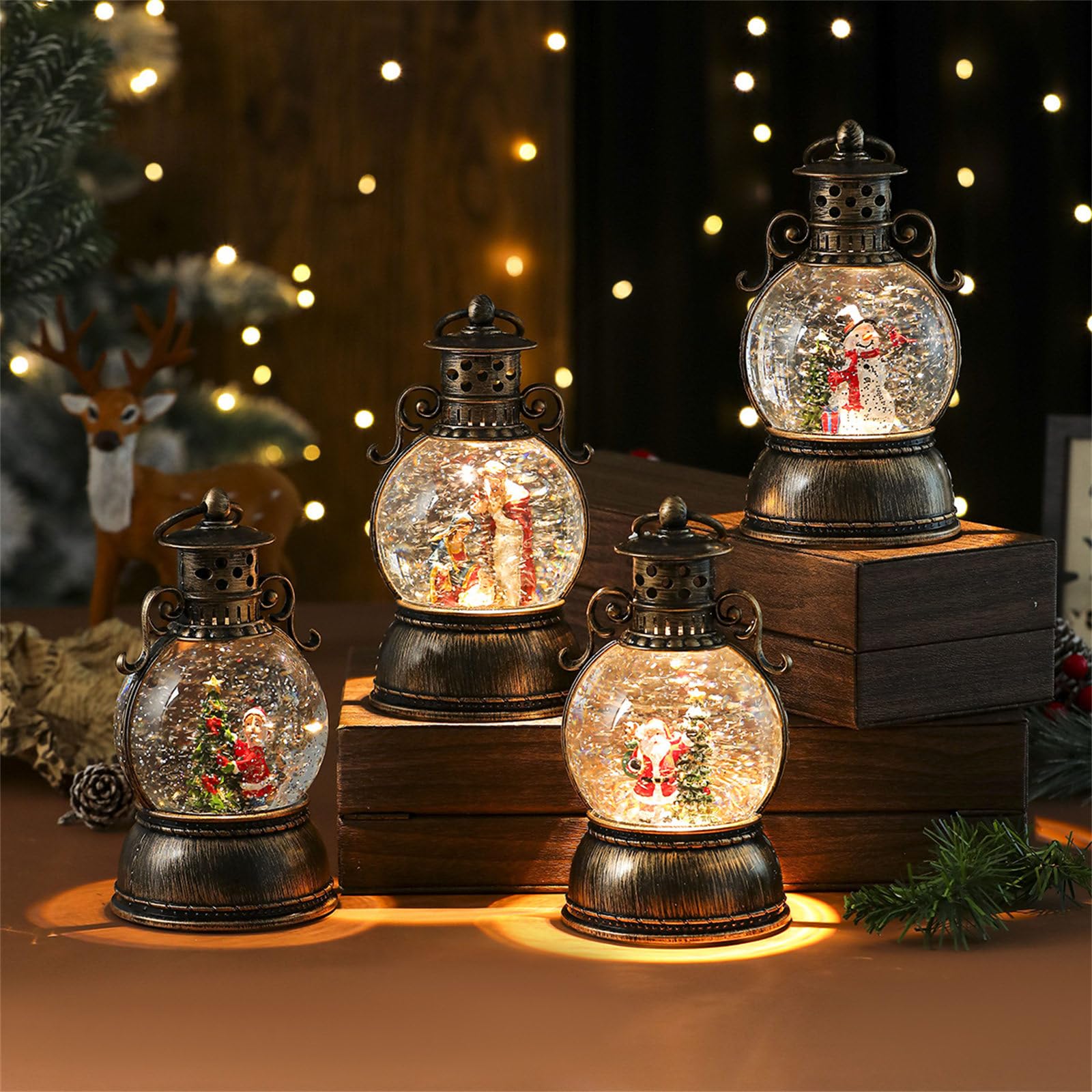 Ornamento natalizio in resina con musica effetto nevicate e luci a LED, decorazione per feste in casa