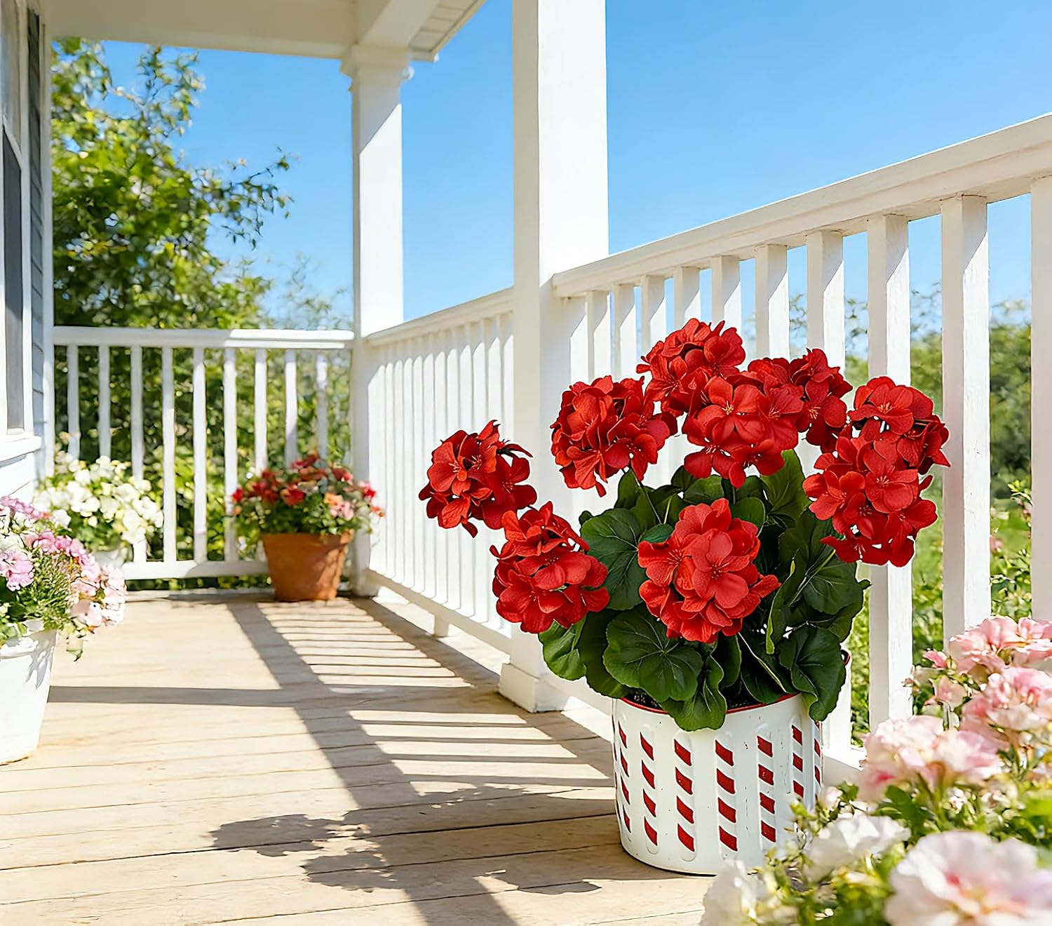 18'' artificial geraniums silk flowers plants realistic for home outdoor decor garden (2, ruby red) ruby red 2