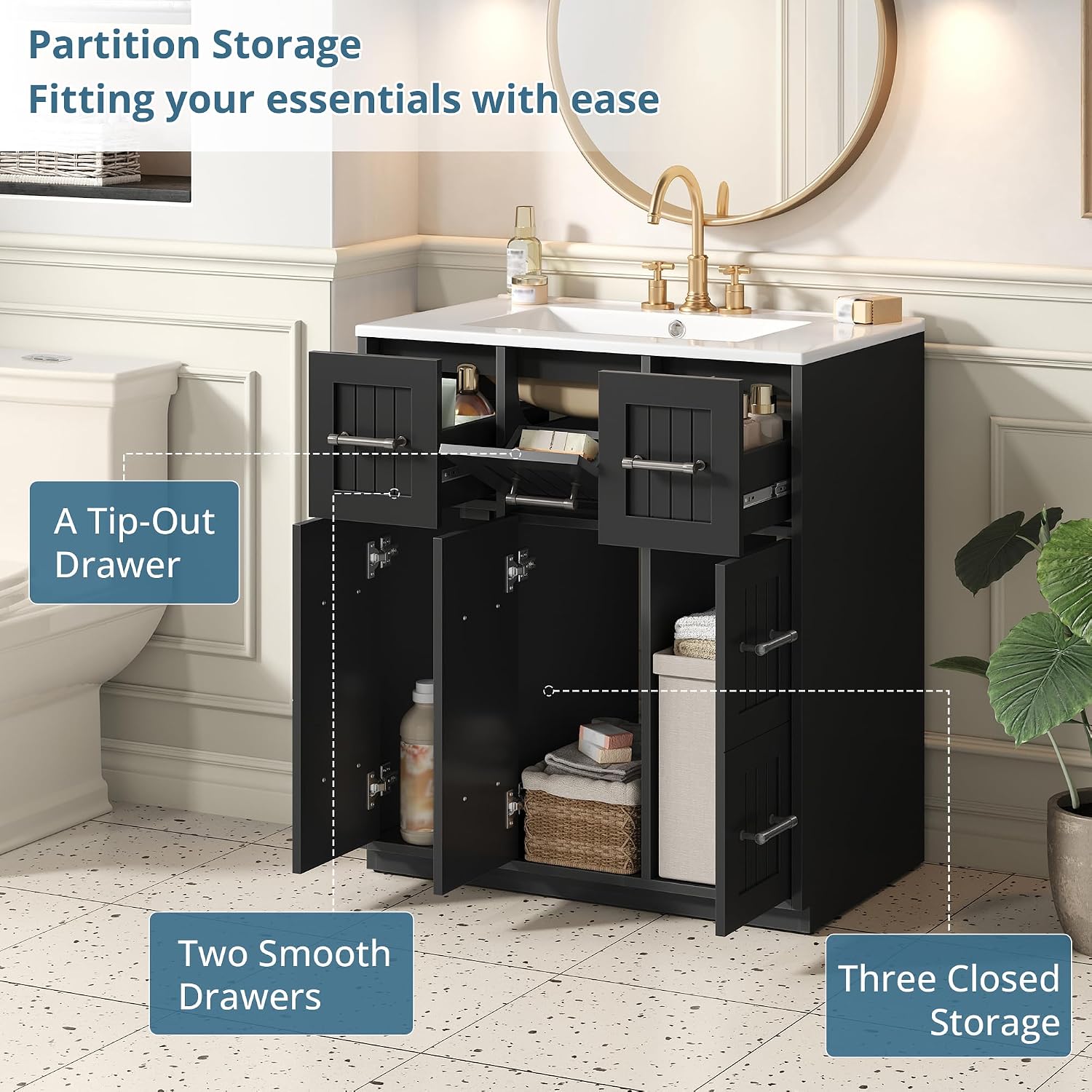Favfurish 30" Modern Bathroom Vanity with Ceramic Sink,Undermount Single Basin Bath Vanity Set w/Soft-Close Doors and 2 Drawers & 1 Tip-Out Drawer,Freestanding Solid Wood Storage Cabinet,Black