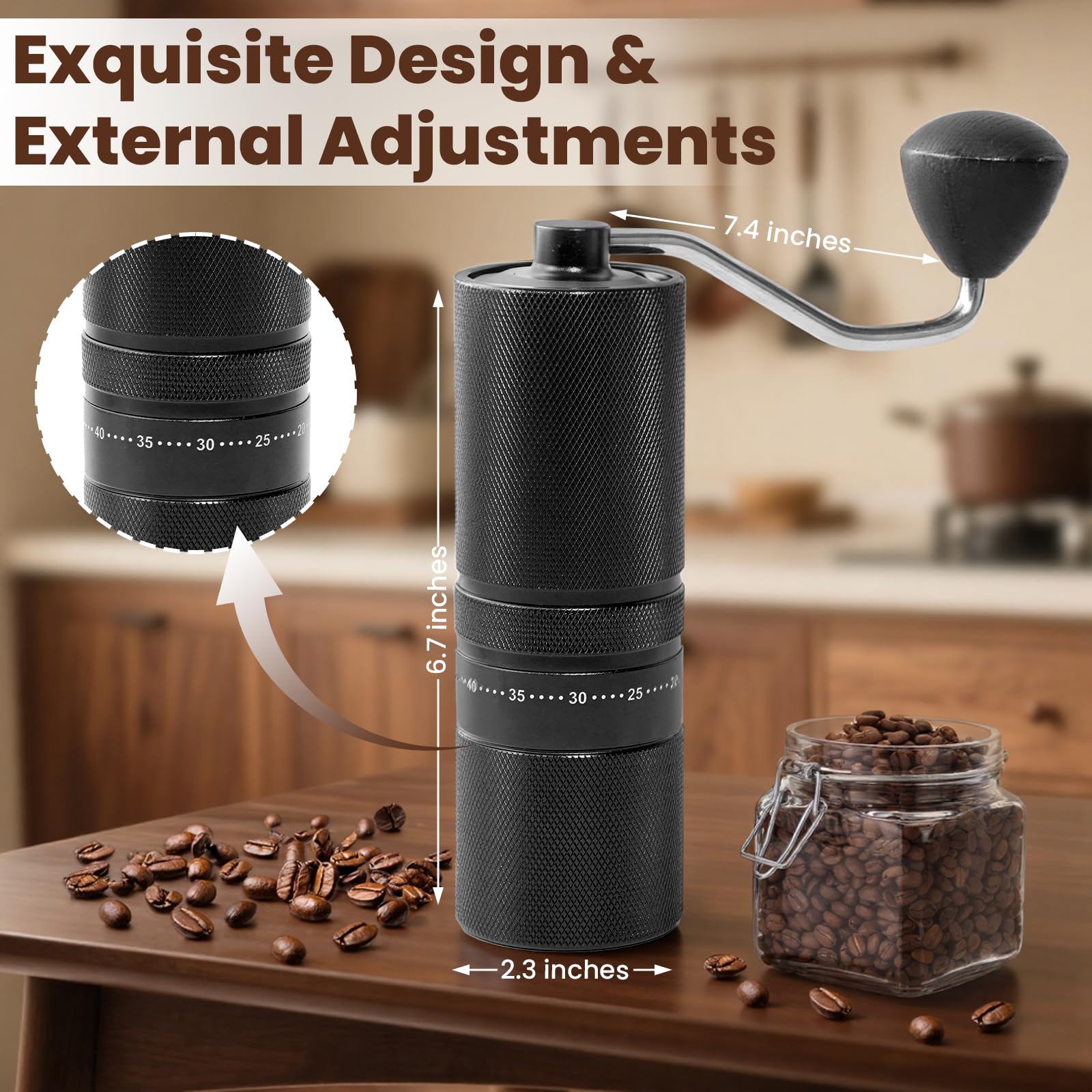 Manuelle Kaffeemühle mit 60 einstellbaren Stufen, geradem Griff für French Press, Filterkaffee und Espresso, Edelstahl-Kegelmahlwerk mit konstant bleibender Mahlleistung, 28g Füllmenge