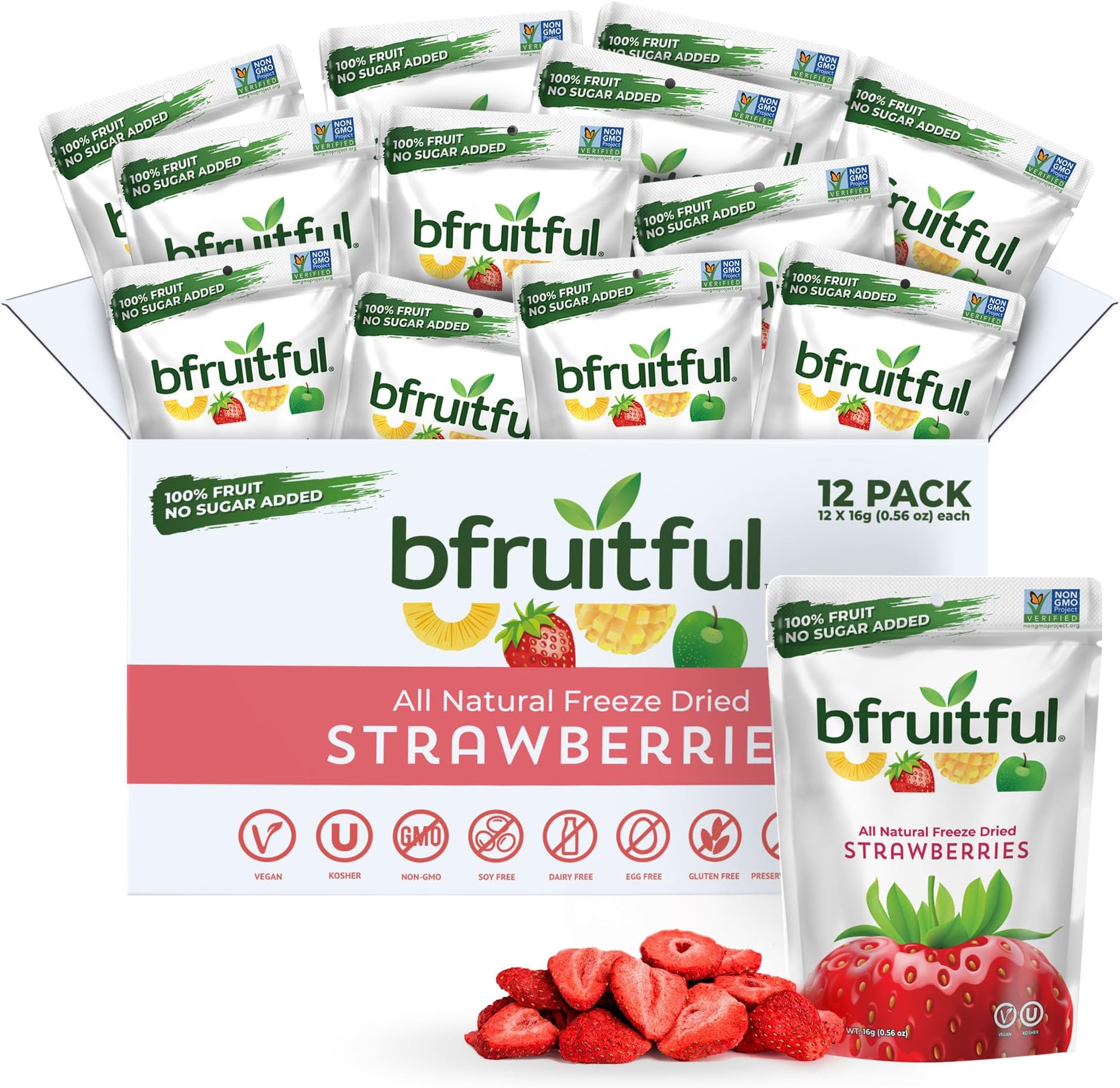 bfruitful Freeze-Dried Strawberries, Freeze Dried Fresh Fruit Bites, Gluten Free, Vegan, Dairy Free, Kosher, No Sugar Added, Non GMO, Healthy Snacks for Kids or Adults, 0.56 oz Single-Serve Snack Packets, 12 Pack