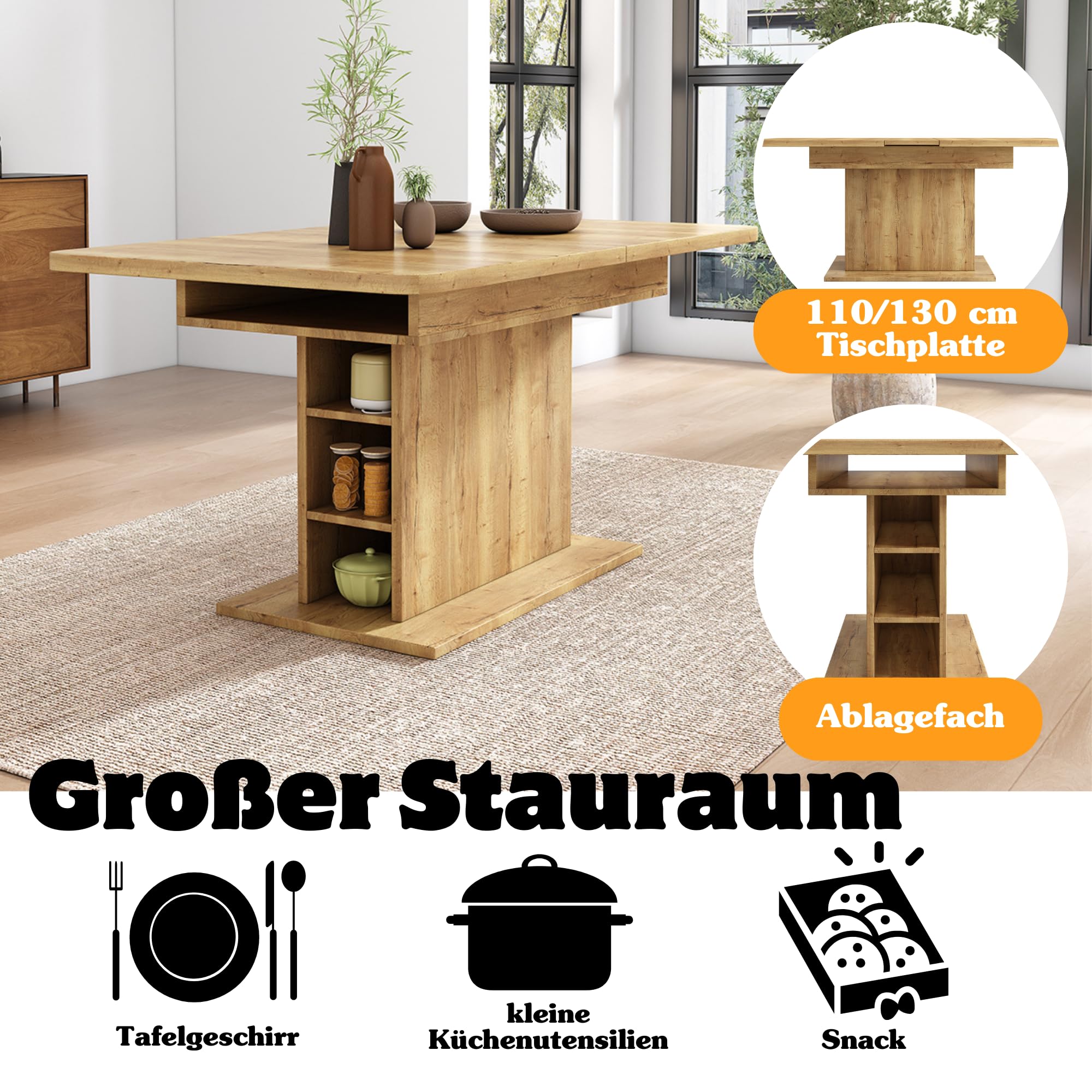 Merax Esstisch Holz, Ausziehbar Esszimmertisch mit Stauraum, Rechteckiger Küchentisch, für Wohnzimmer und Esszimmer, 110/130L x 70B x 75H cm, Natur