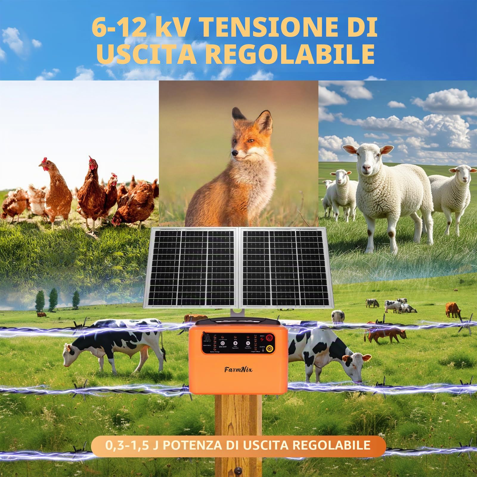 48KM Pastore Elettrico Solare 12V, 0.3-1.5J, 6KV-12KV | Recinzione Elettrica regolabile Pastore elettrico mit Batteria 7Ah, con Pannello Solare da 15W per Animali Grandi e Piccoli