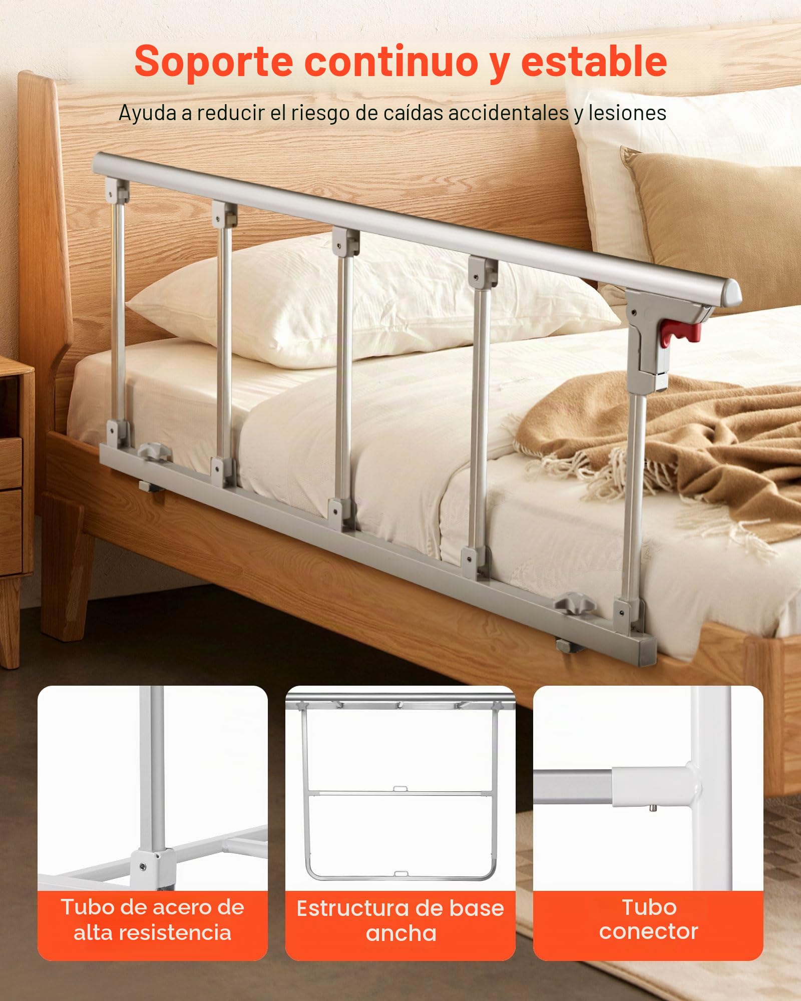VEVOR Barandilla de Cama Plegable Personas Mayores, 122 cm, con Correa de Sujeción, Protección Anticaídas, Asa de Protección a Las Manos y Protector de Bordes, a Camas King, Queen, Matrimoniales