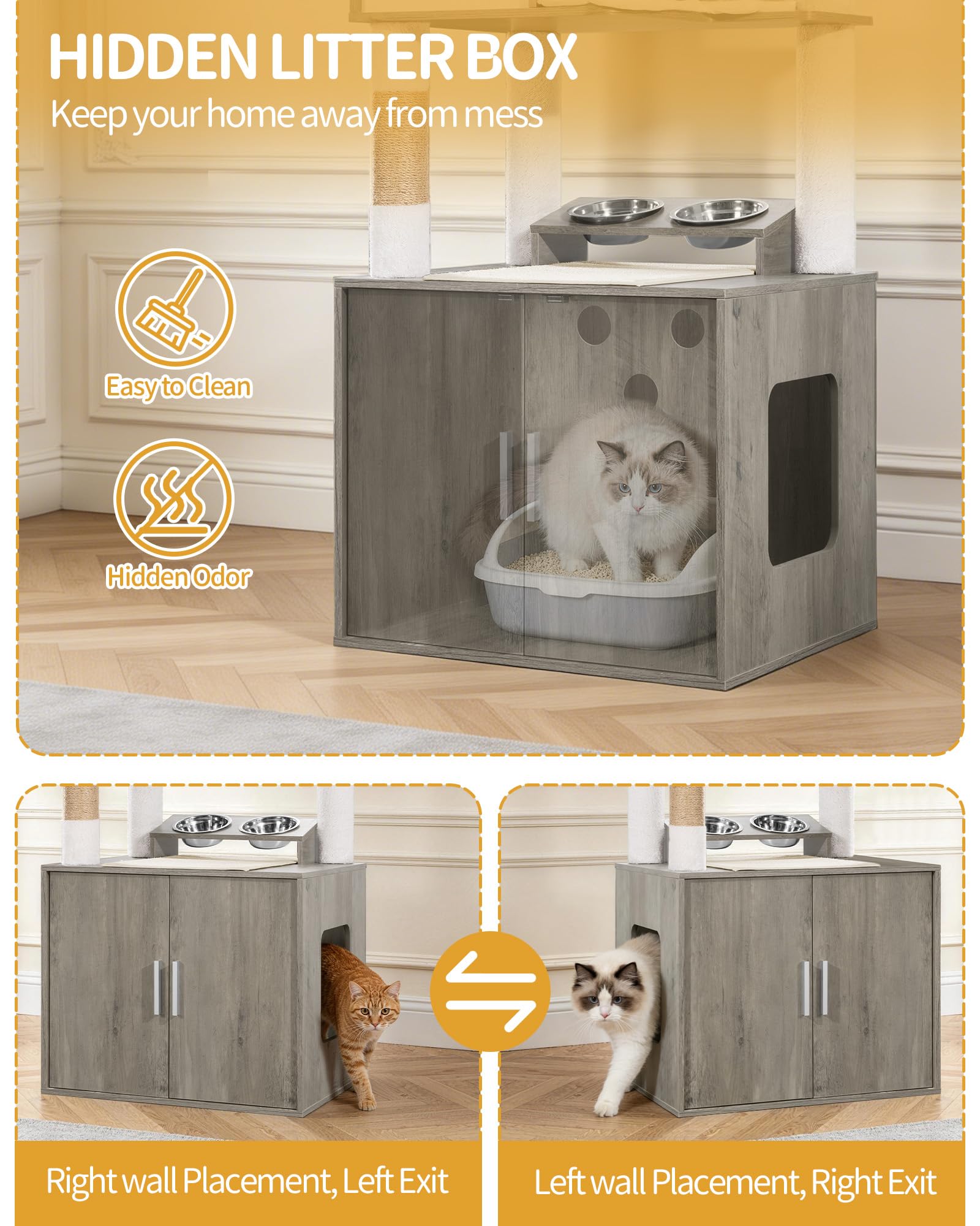 Hzuaneri Arbre à Chat avec Meuble Litiere Chat, 150 cm Haut, Sisal, Grège | Mangeoire, Maison de Toilette Chat, Grande Plateforme, Colonne Balles Peluche, Coussin Lavable, Balles en Peluche, CB88405WT