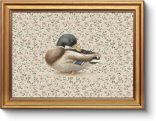 Vintage Gold Framed Mallard Duck Wall Art, 12x16 Inch Bird Painting Botanical Floral Pattern Canvas Print, Rustic Animal Artwork Living Room Bedroom Entryway Farmhouse Office Home Décor