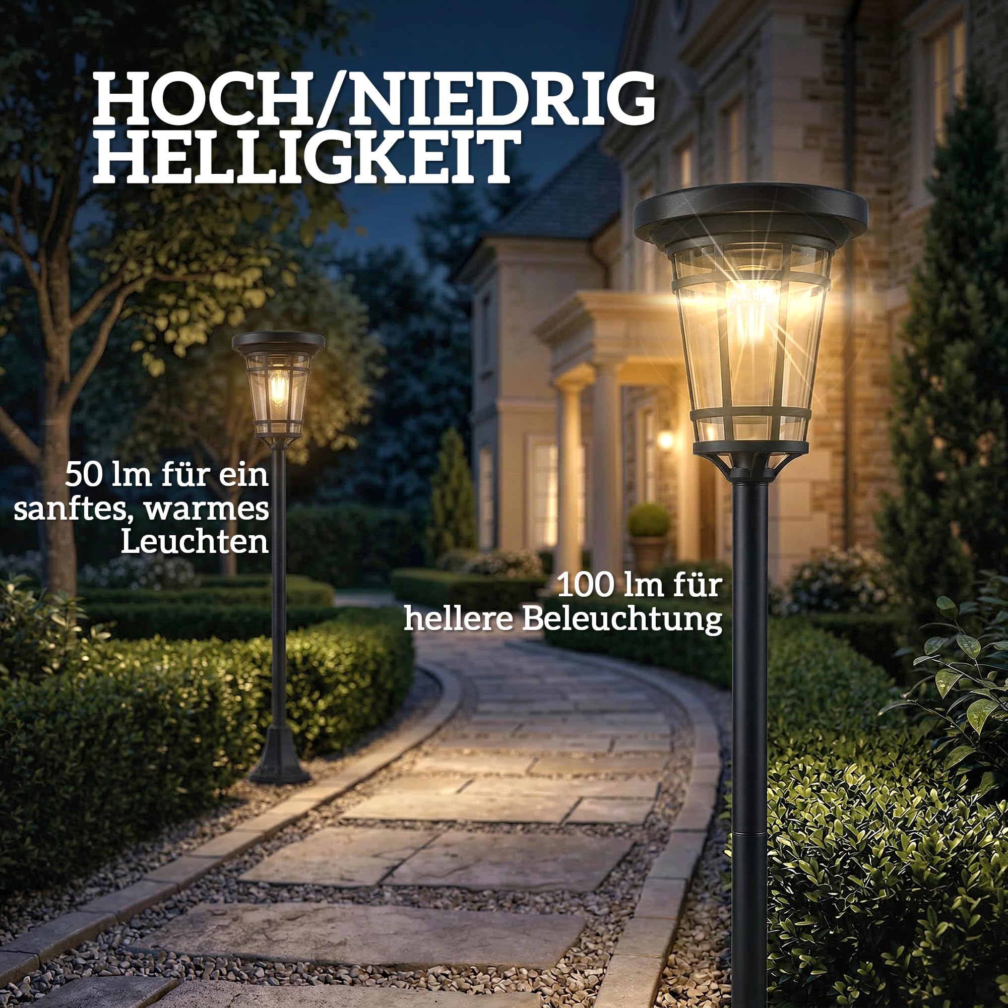 Outsunny Solar Laterne 2er-Set Stehleuchte 180cm Höhenverstellbar Außen | Gartenlaterne, 2 Helligkeitsmodi, Lichtsensor Schalter, IP44, für Garten Balkon, Solar Laternen, Solarlampen, Solarlaterne