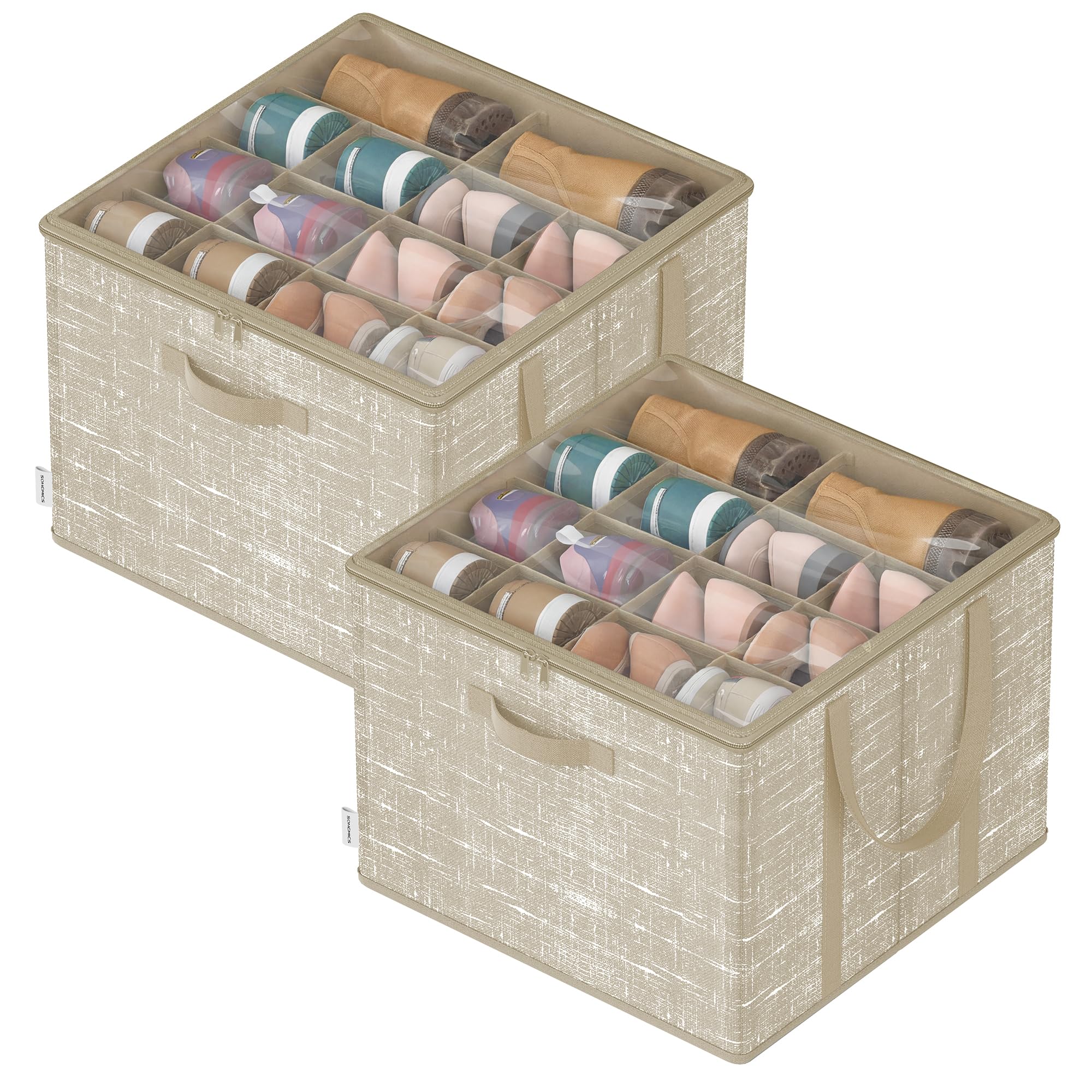 SONGMICS Schuh-Organizer, 2er Set, jeder für bis zu 16 Paar Schuhe, Schuhaufbewahrung, Griffe, transparenter Deckel, für Schlafzimmer Eingangsbereich Kleiderschrank, cappuccinobeige LSP602LF01
