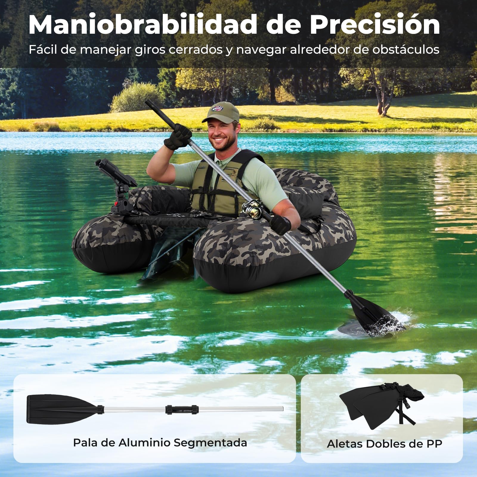 GOPLUS Bote de Pesca Inflable, Barco de Pesca Hinchable con Remo de Aluminio, Aletas, Bomba de Aire, Soporte de Caña de Pescar Ajustable, Bolsillos de Almacenamiento, Portátil