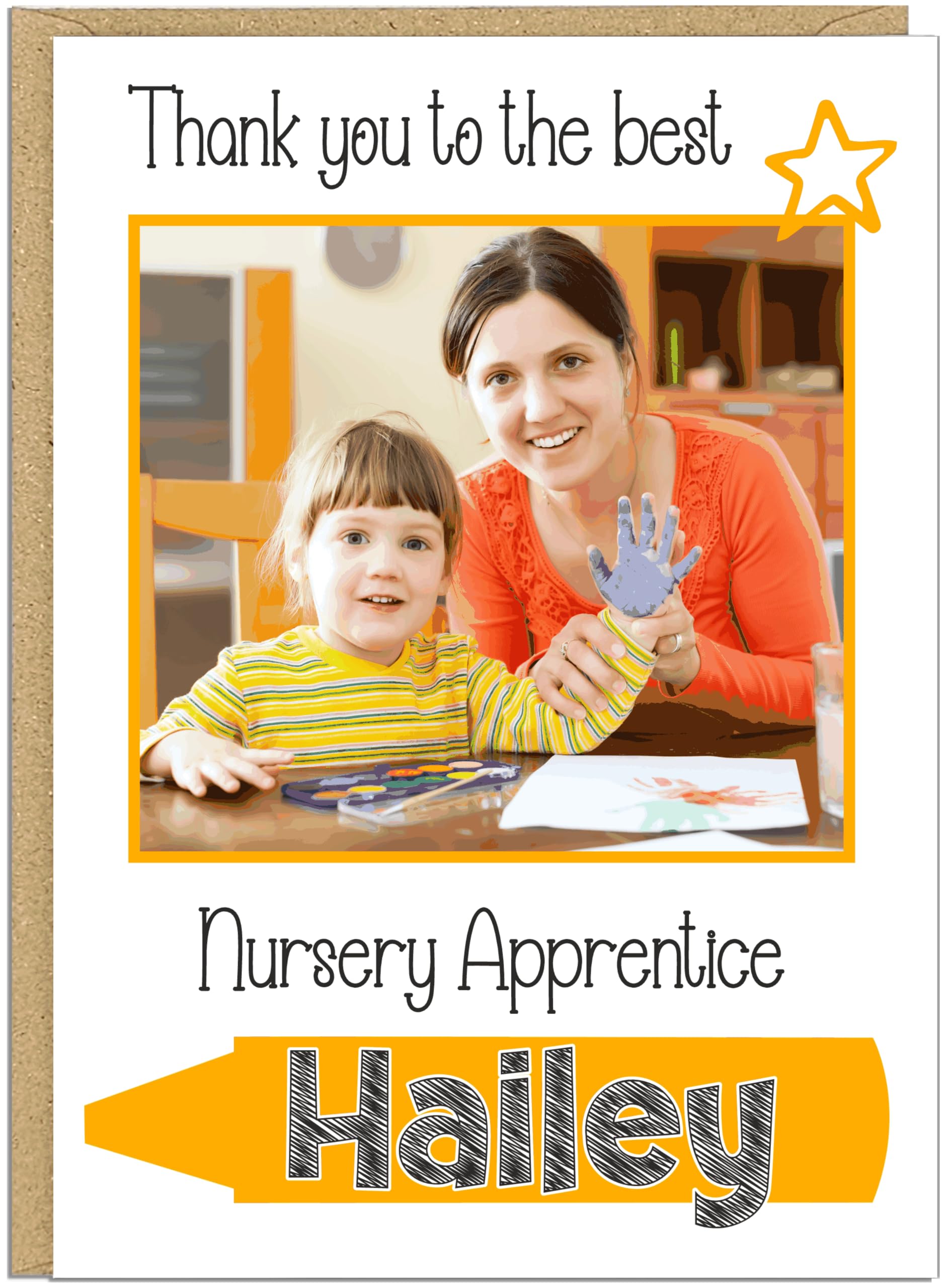 Personalised Photo Thank You Nursery Teacher Card - Own Name - Custom Text Under Photo - 8 Colour Options - For Pre-School Nursery Appreciation Cards For Nursery Staff Keyworkers Helpers, Orange