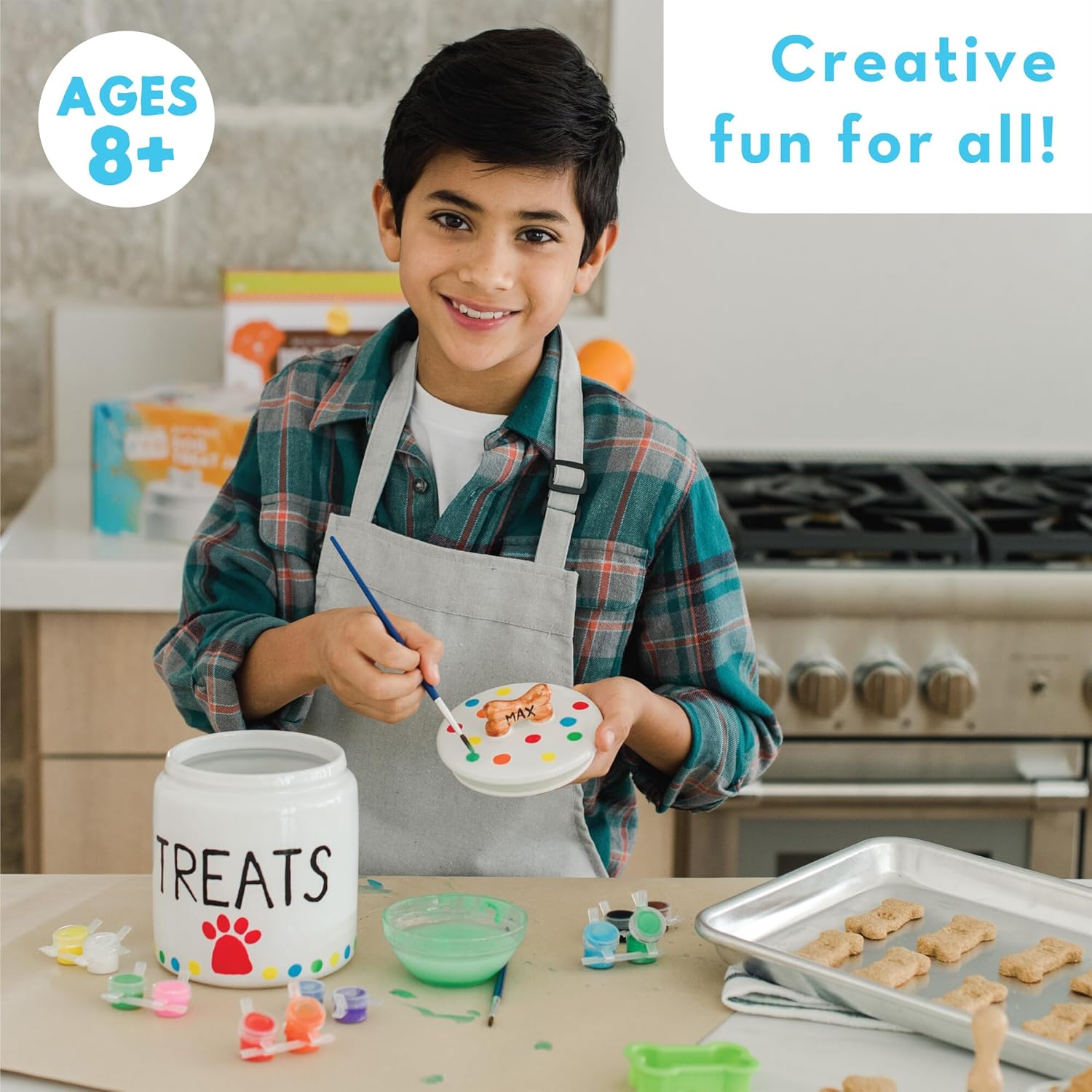 MindWare Paint Your Own Porcelain: Dog Treat Jar Craft Kit - Includes Porcelain Dog Treat jar, 12 Bright Colors of Porcelain Paint, 2 paintbrushes and Painting Guide