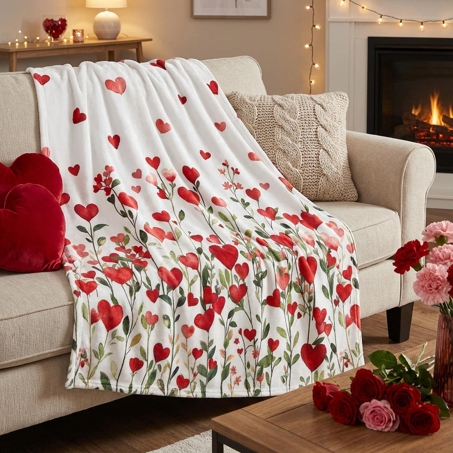 Horaldaily Valentine Flannel Blanket Throw, Floral Love Hearts Soft Fuzzy Plush Cozy Fleece Blankets for Couch Sofa Bed Lounging, Ideal Gifts for Kids Adults Wife Self, 60x80