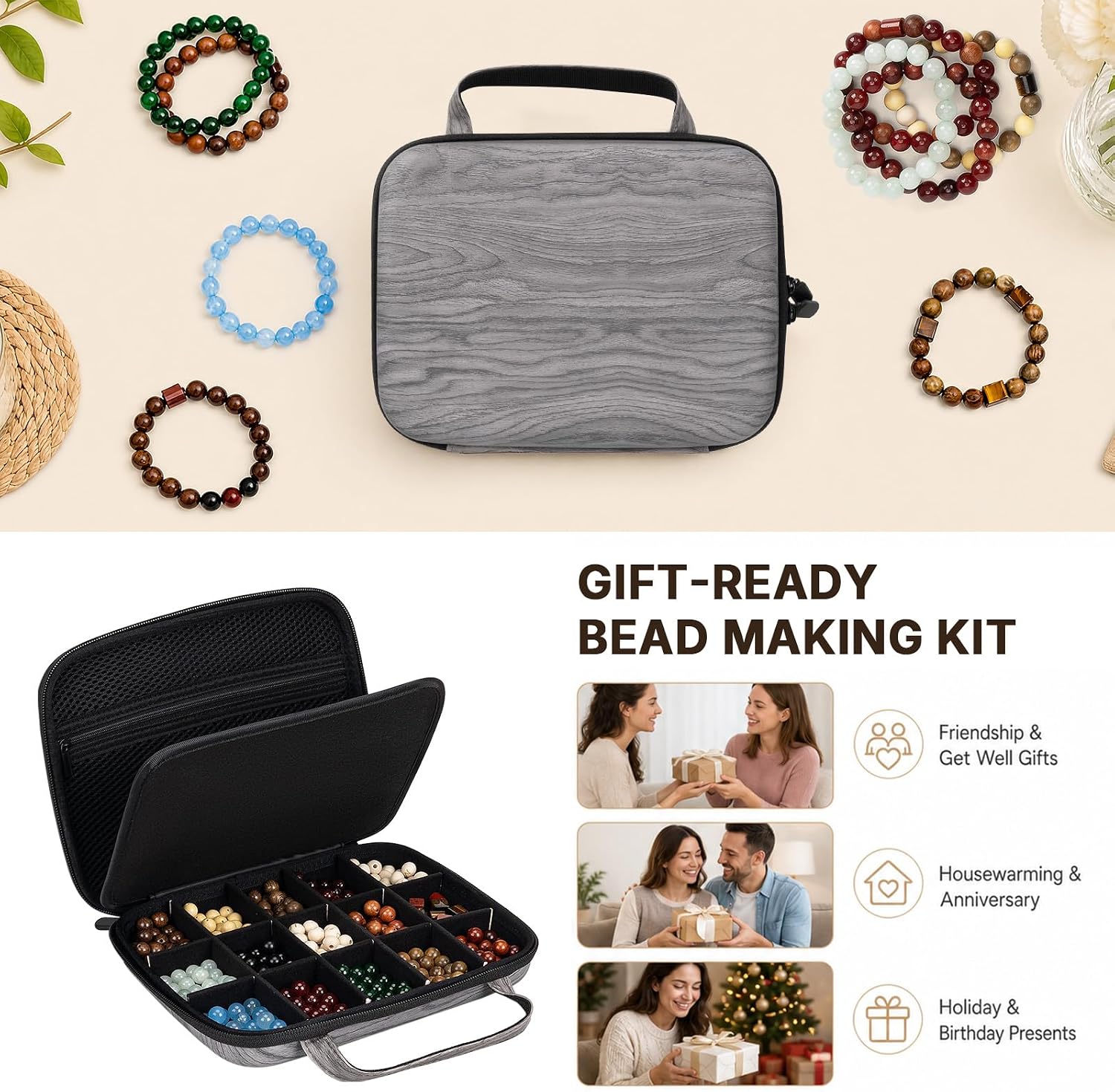 JOVYTHE Bracelet Making Kit for Adults,317PCS 10mm Natural Wooden Stone Beads Gift Craft,DIY Jewelry Making Starter Kit for Adult Men Women Birthday Mothers Day Friendship Gift