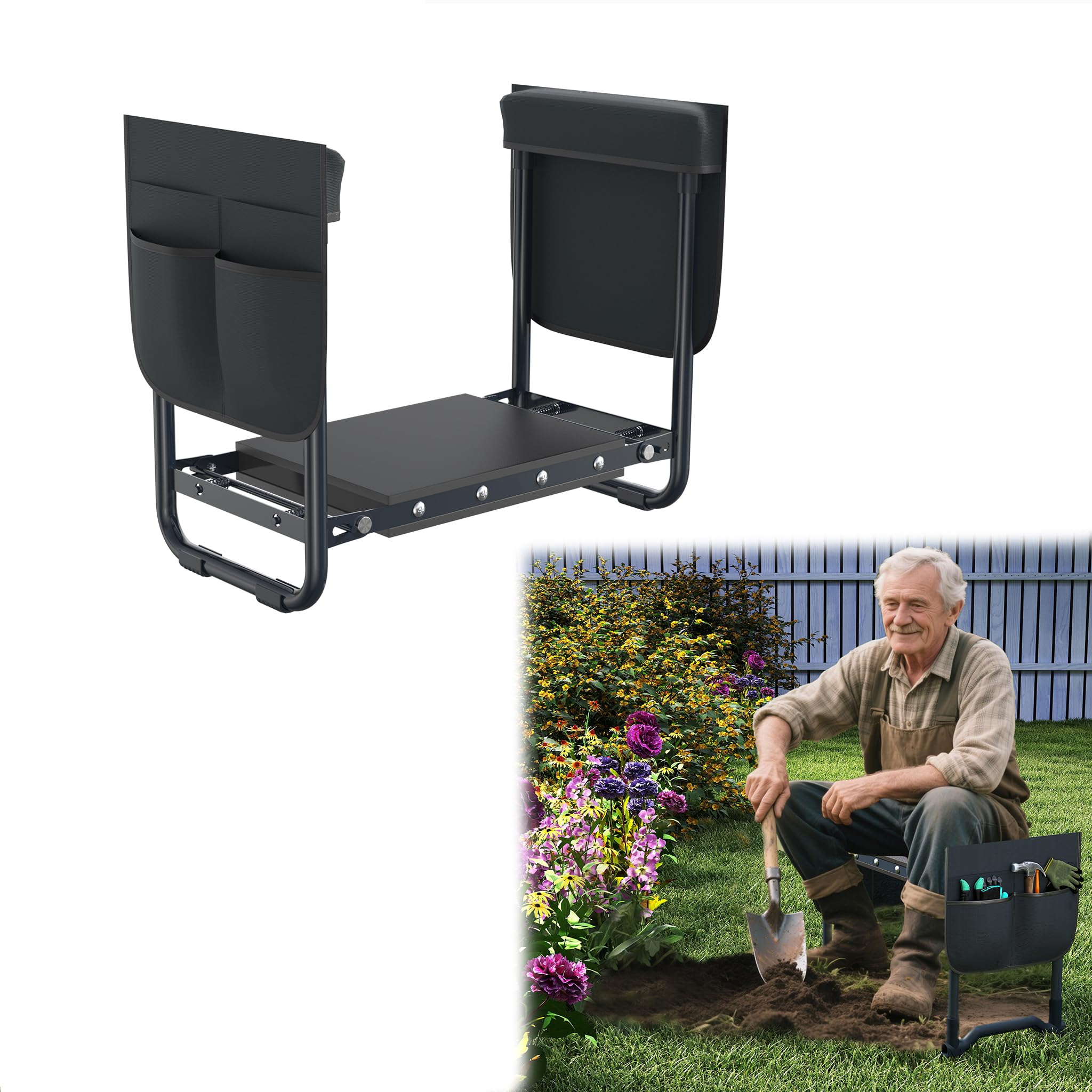 UISEBRT Taburete de jardín plegable – Banco de trabajo de jardín, silla de trabajo de jardín, asiento de trabajo, banco de trabajo con cojín de espuma y bolsa de herramientas de hasta 180 kg