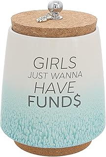 Pavilion 'Girls Just Wanna Have Funds' 6.5-Inch Ombre Teal Money Ceramic Jar with Cork Lid & Base for Girls - Unique Decorative Coin Bank, Savings, & Fund Jar - Home Decor or Present for Birthdays